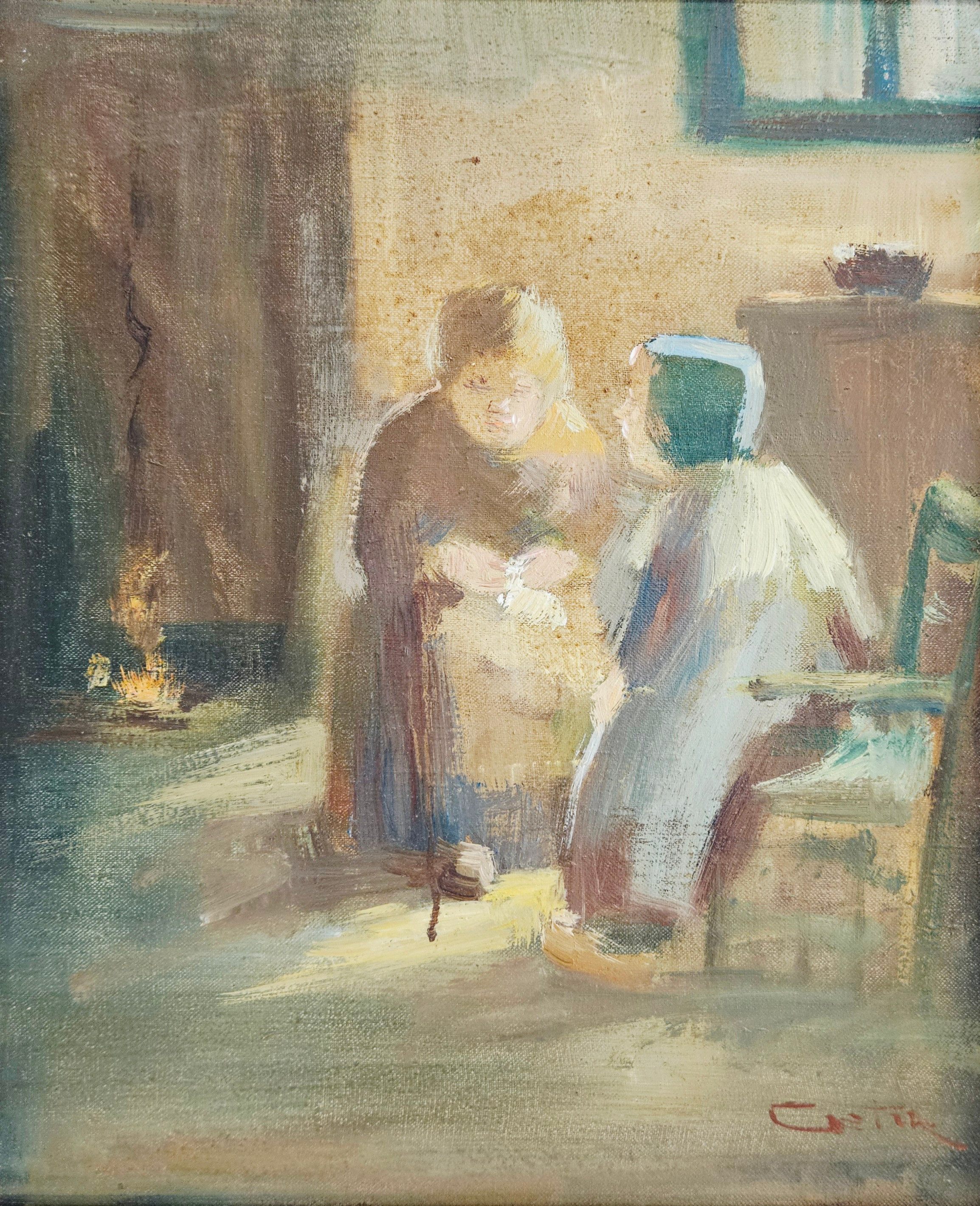 NICOLAI COSTER. "Bondefru med barn". Olja på duk, signerad Coster.