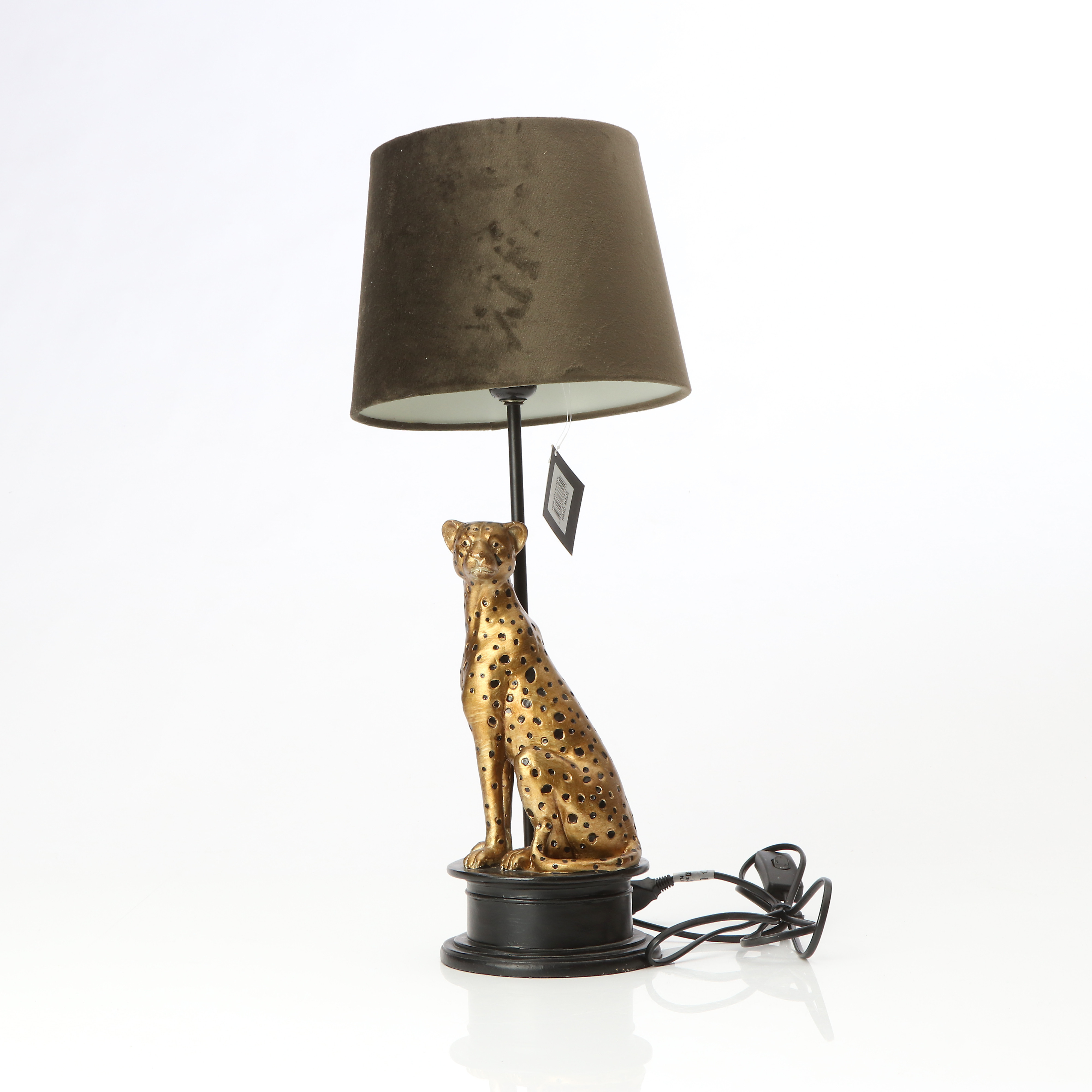 BORDSLAMPA. Bemålad gjutmassa. I form av kattdjur. Samtida tillverkning.