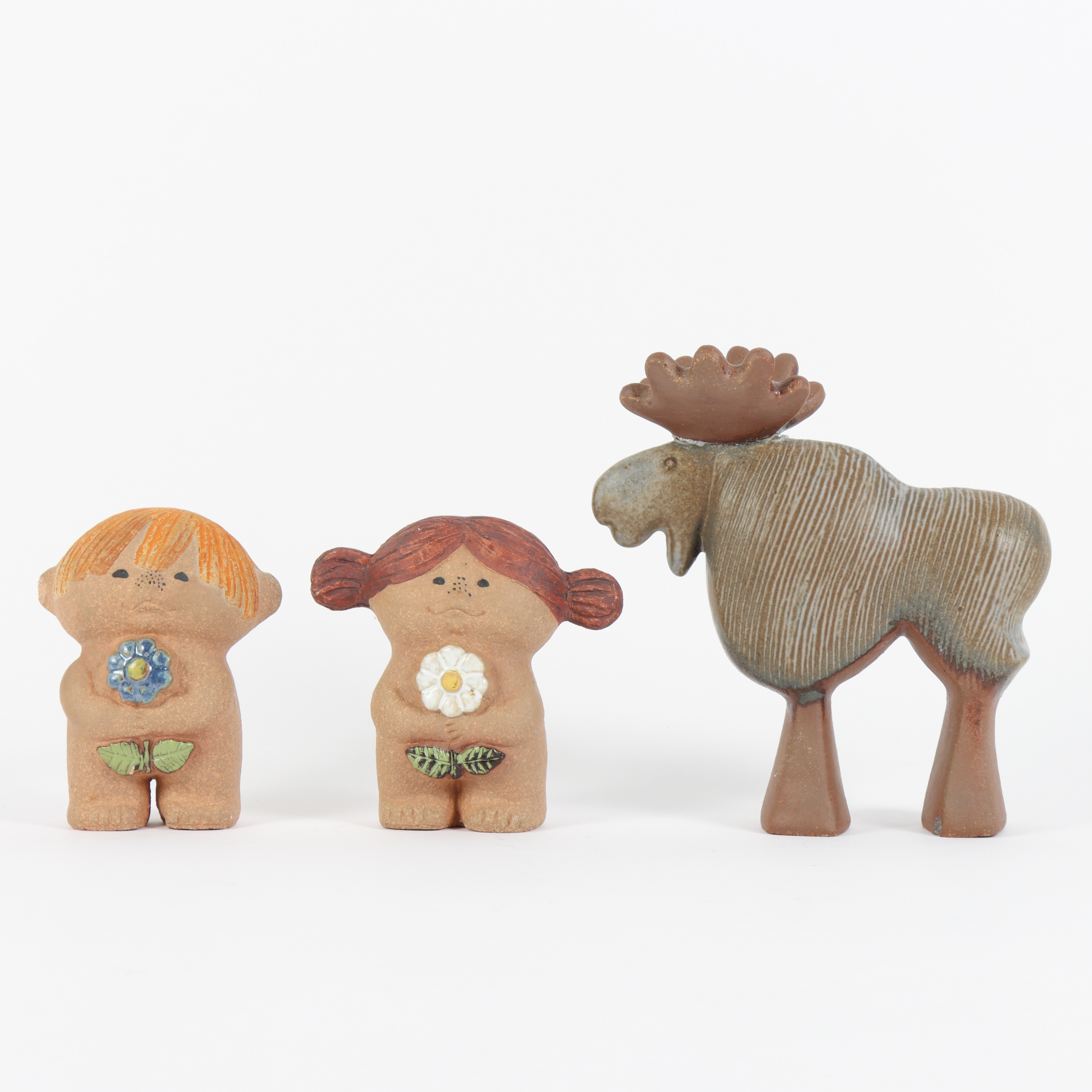 LISA LARSON. Figuriner 3 stycken, Adam & Eva och Älg, stengods, Gustavsberg.