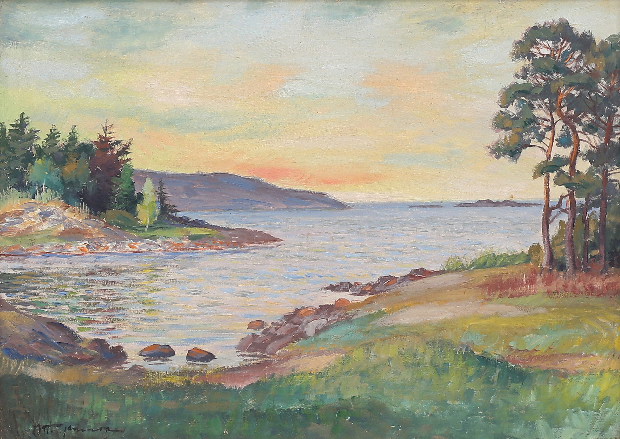 OTTO JANSSON. Skärgårdsmotiv, olja på pannå, signerad.