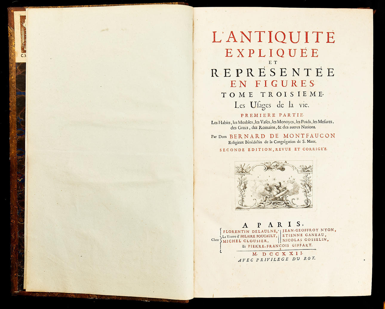 BERNARD DE MONTFAUCON, "L ántiquite expliquee..., vol I samt III, 1722, ett stort antal graverade planscher, samtida hfrbd.