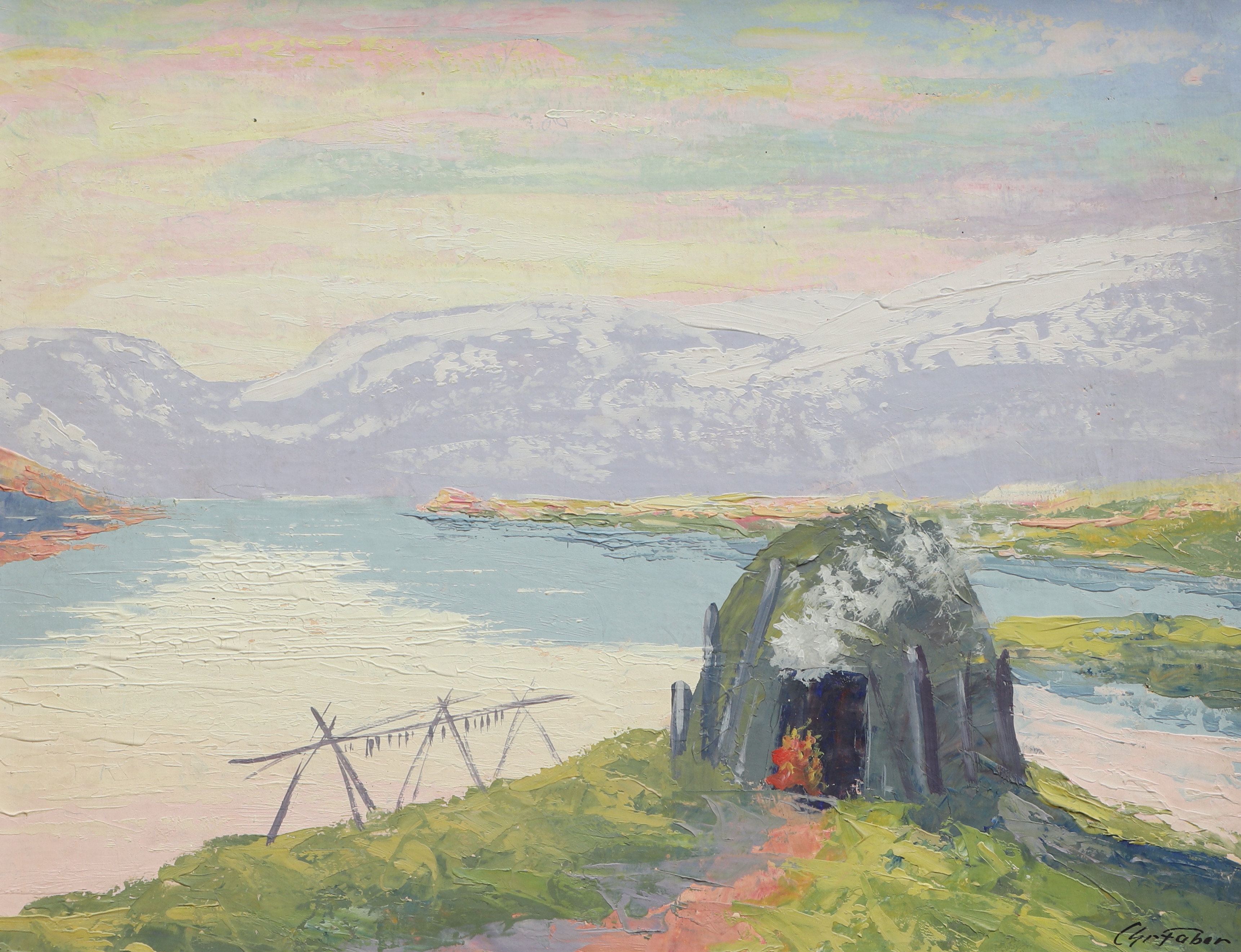 CHRISTIAN FABER. Olja på pannå, fjällmotiv lappkåta, signerad, 1900-tal.