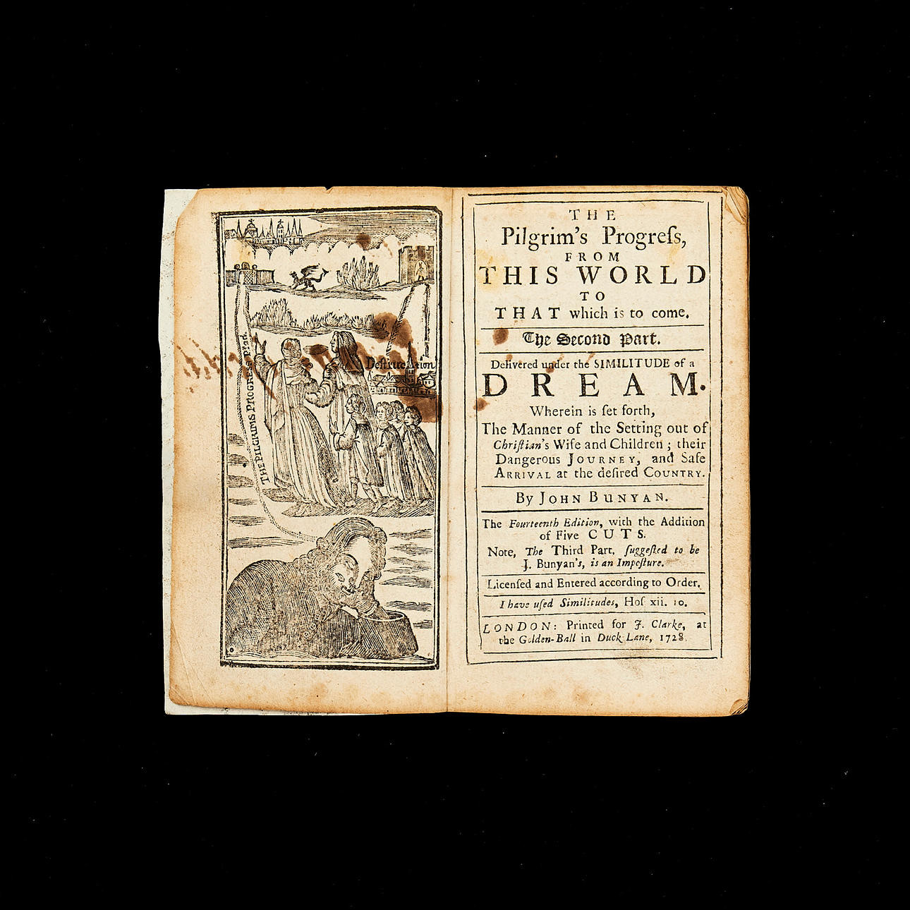 JOHN BUNYAN, "The Pilgrims Progress" ("Kristens resa"), London 1728, med 5 träsnitt, bunden i senare häfte.