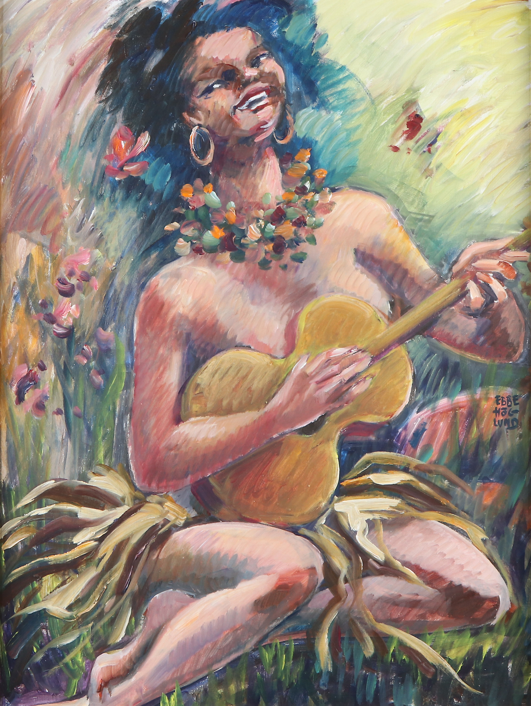EBBE HÖGLUND. Oljemålning på duk. Kvinna med gitarr. Signerad.