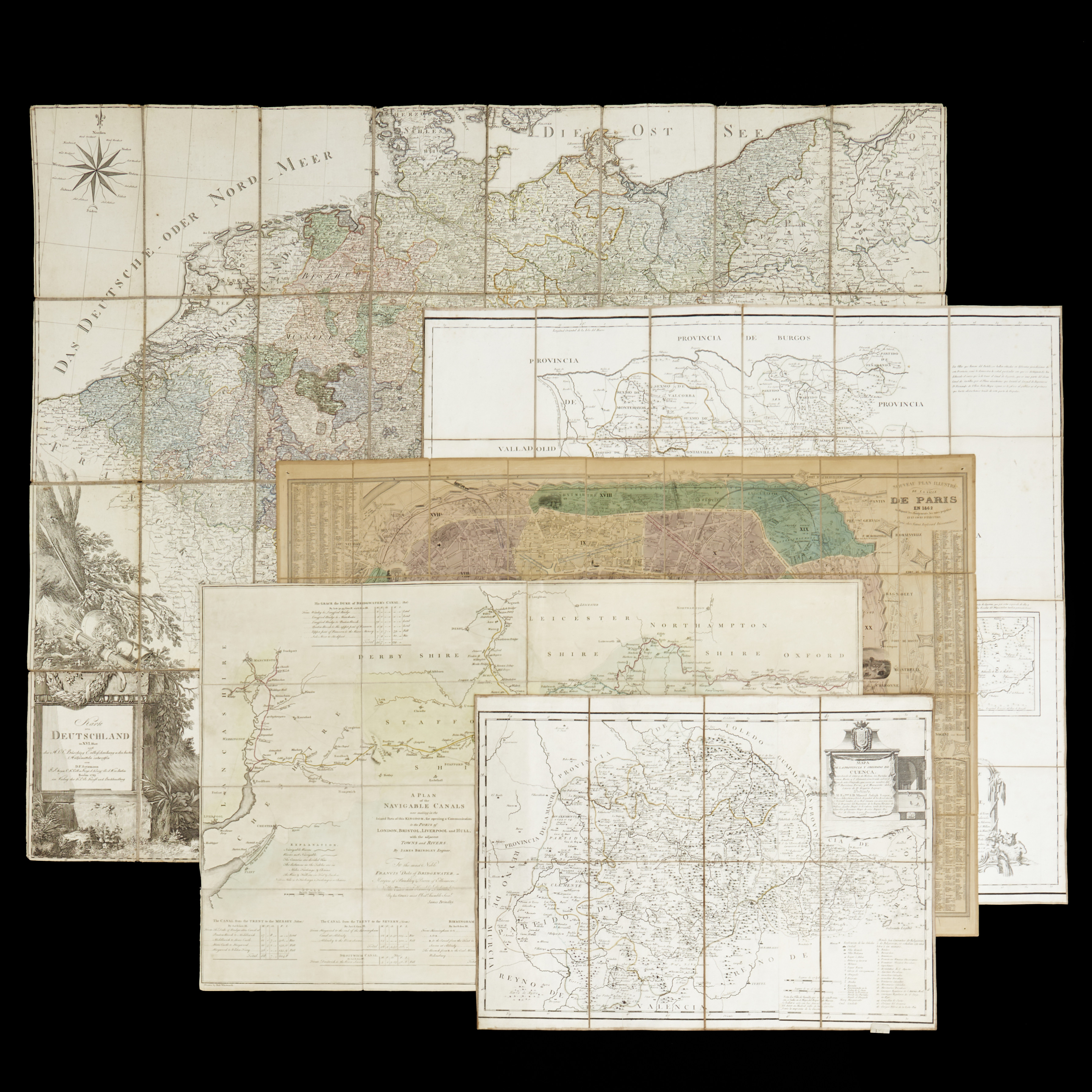 KARTOR (5) (FÄLTKARTOR): Cuenca (1766); Kanaler till London, Bristol, Liverpool och Hull (1769): Segovia (1773); Tyskland (1789); Paris (1862).