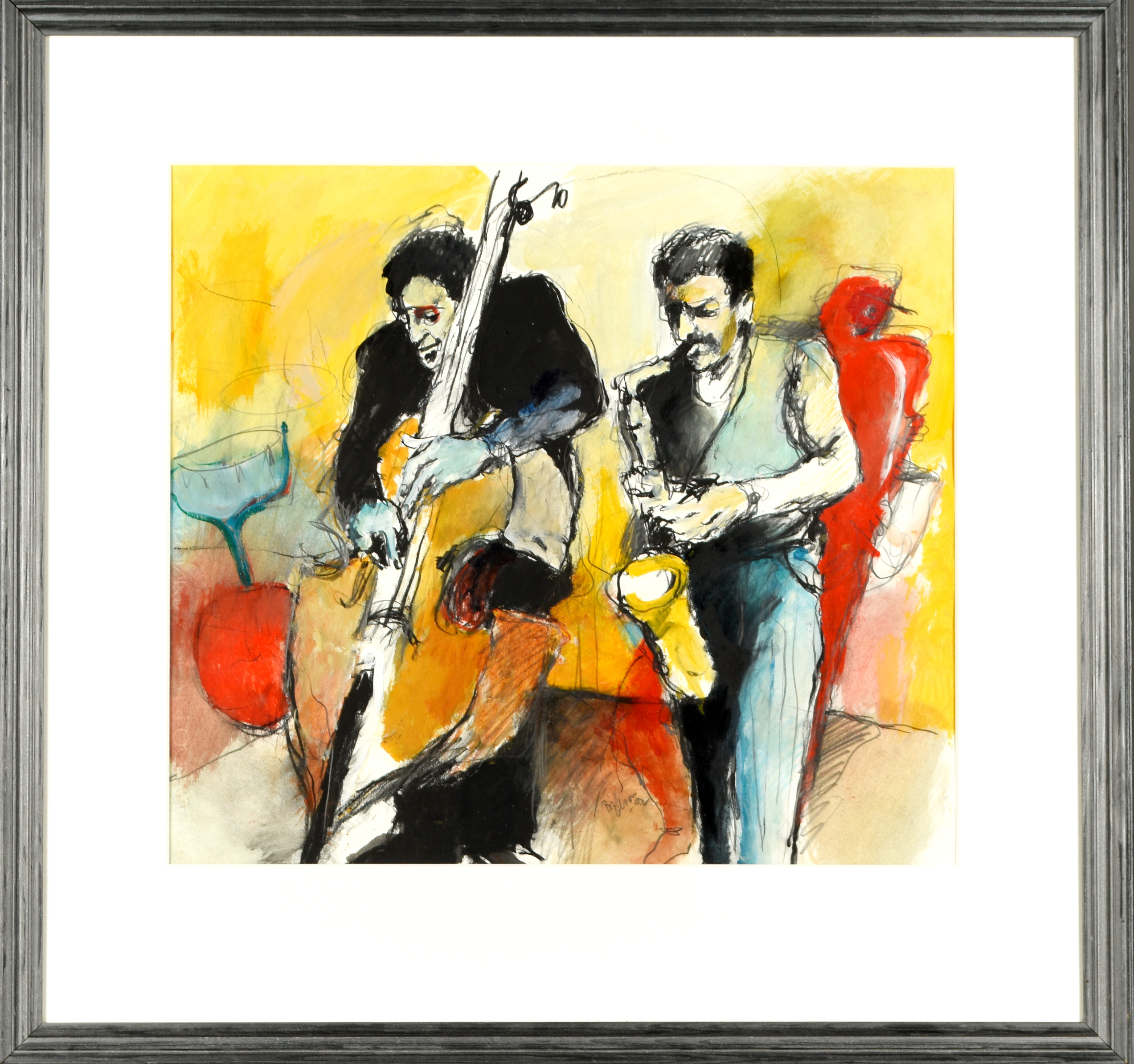 BILL OLSON. Blandteknik på papper, Jazzscen, Signerad och daterad 1952.