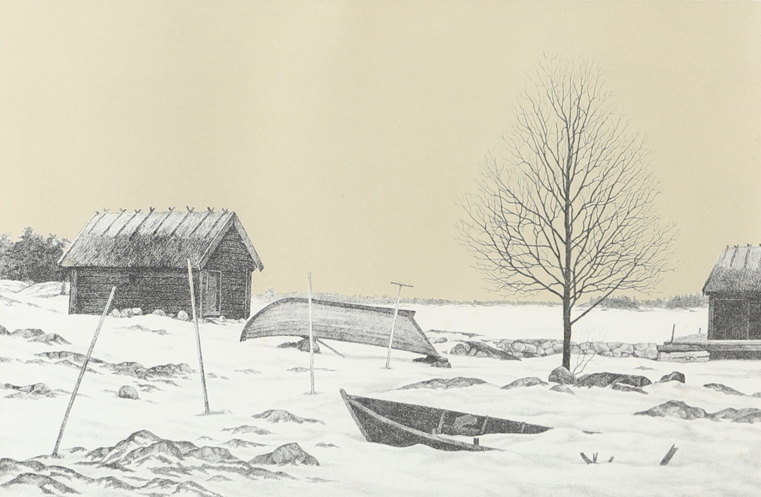 REINHOLD LJUNGGREN. Vinterlandskap, färglitografi, signerad R. Ljunggren.