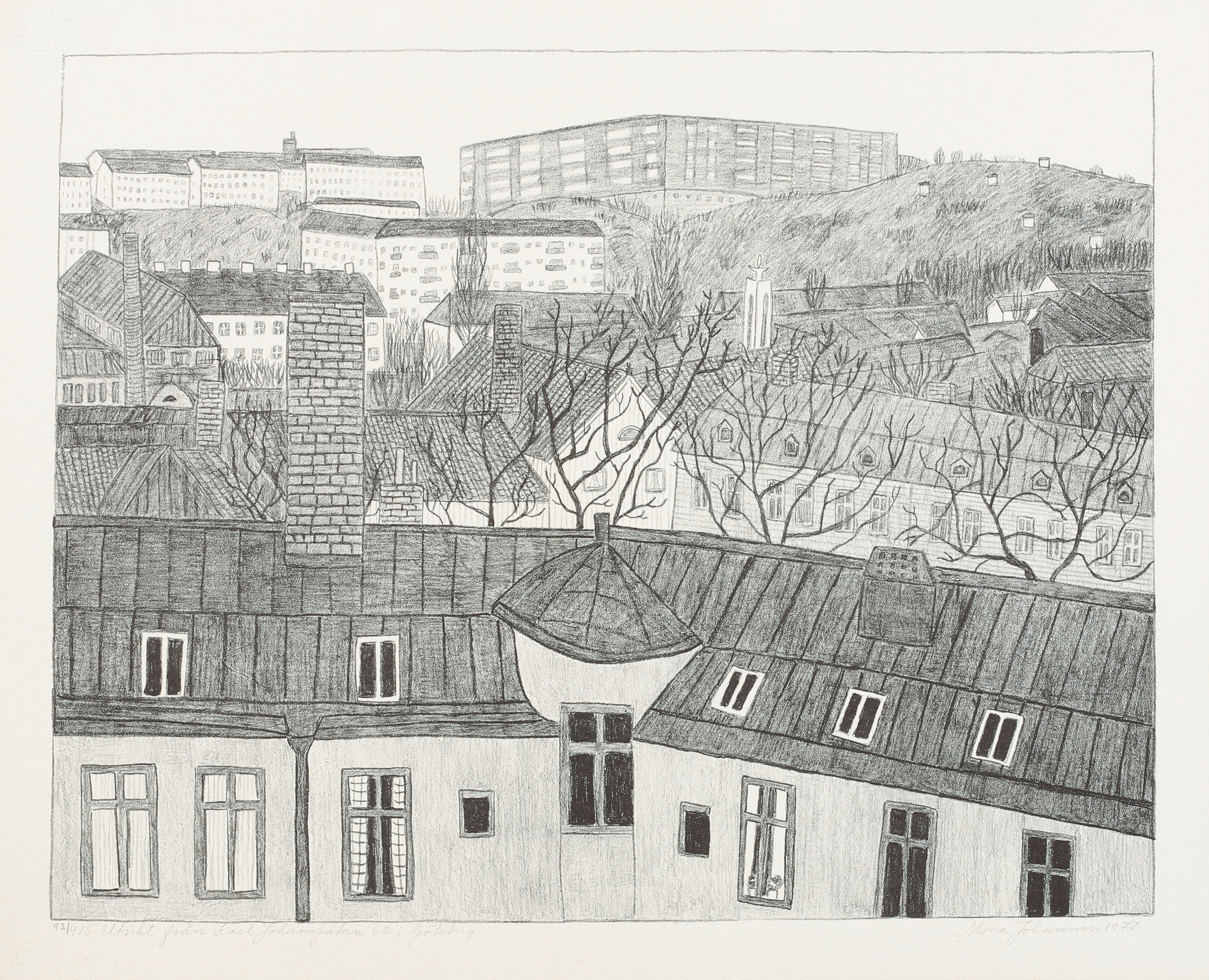 MONA JOHANSSON. "Utsikt från Karl Johansgatan 62 i Göteborg", litografi, signerad och numrerad 92/415.