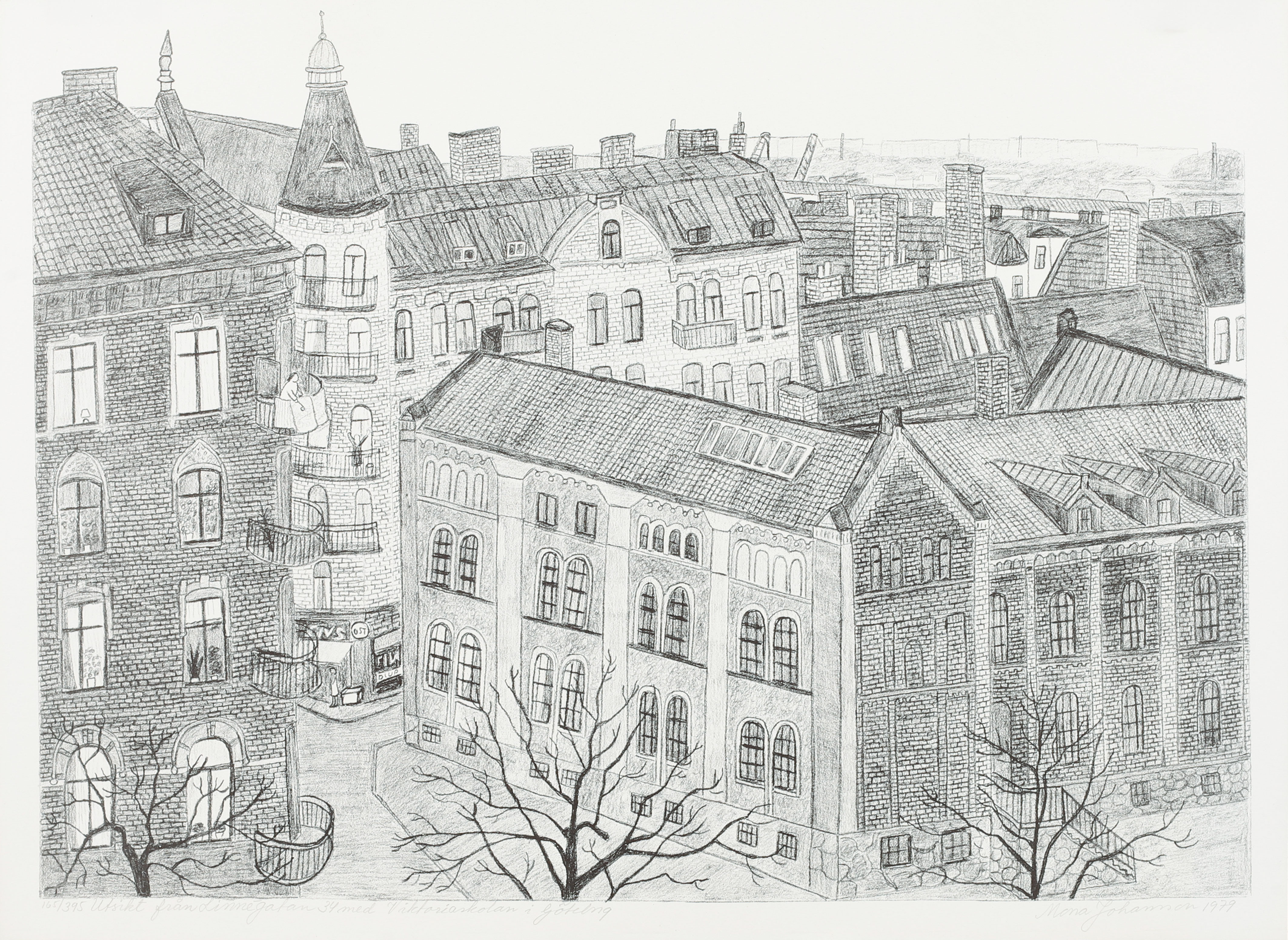 MONA JOHANSSON. "Utsikt från Linnegatan 34 med Viktoriaskolan i Göteborg", litografi, signerad och numrerad 165/395.