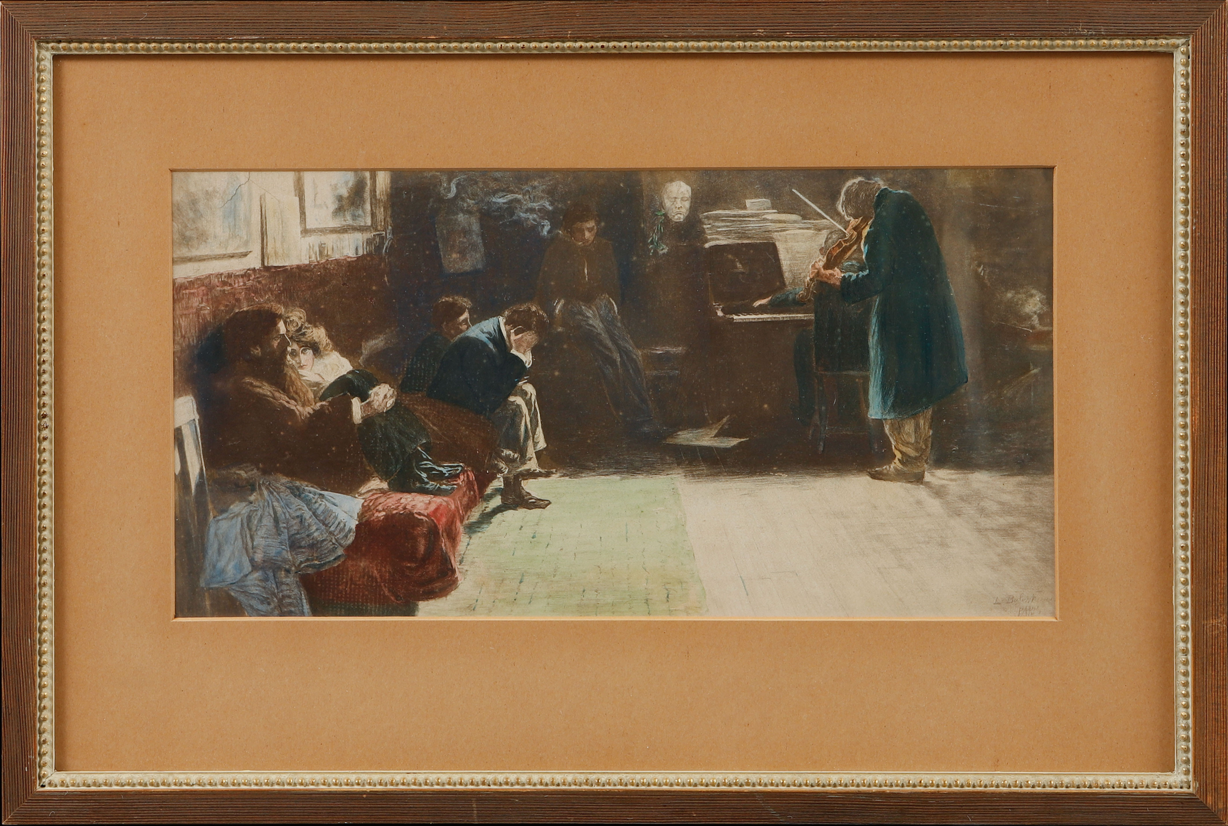 LIONELLO BALESTRIERI. Figurscen. Etsning, handkolorerad, signerad.