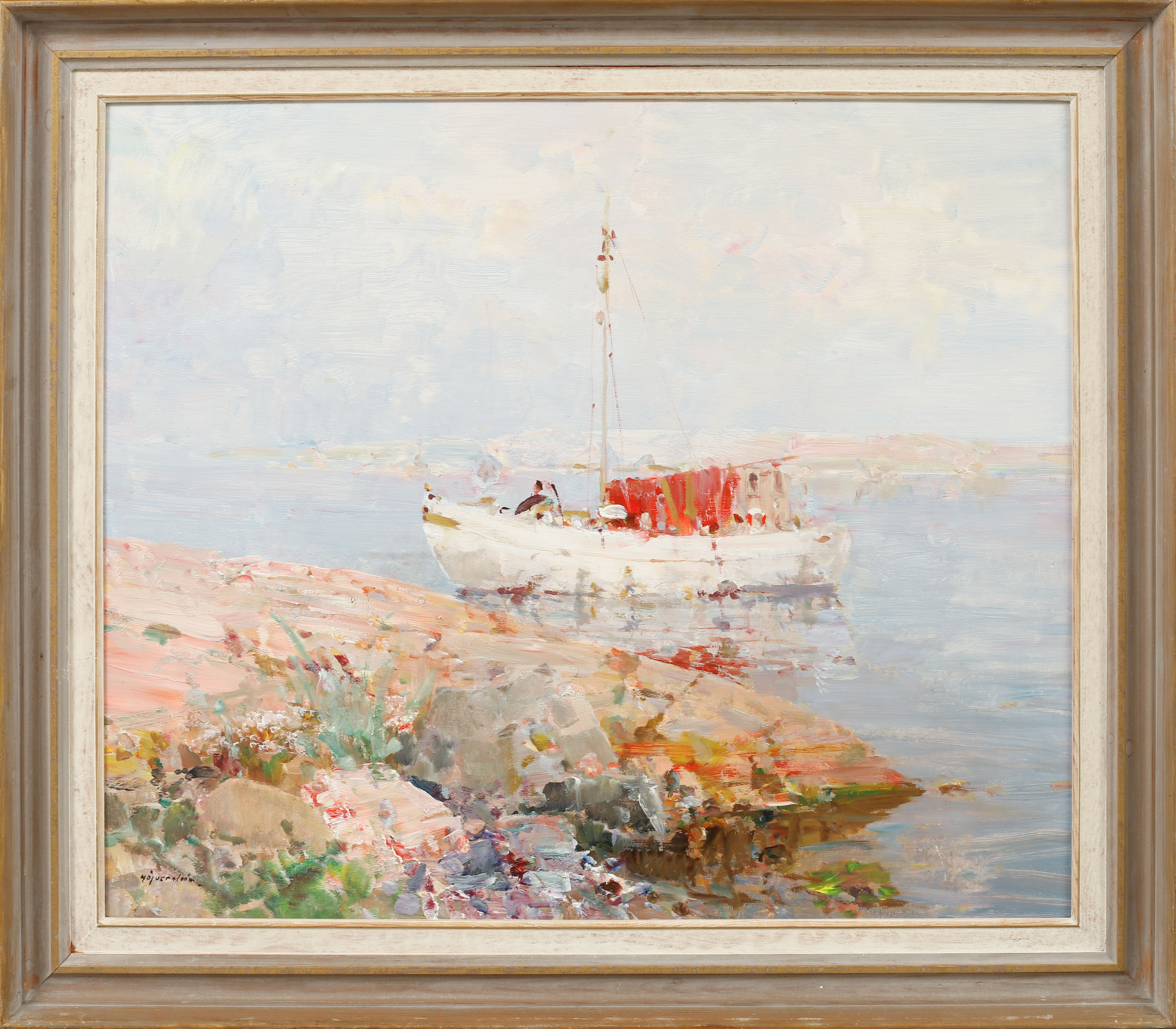 HUGO ÖFVERSTRÖM. Olja på pannå, Segelbåt vid kust, signerad.
