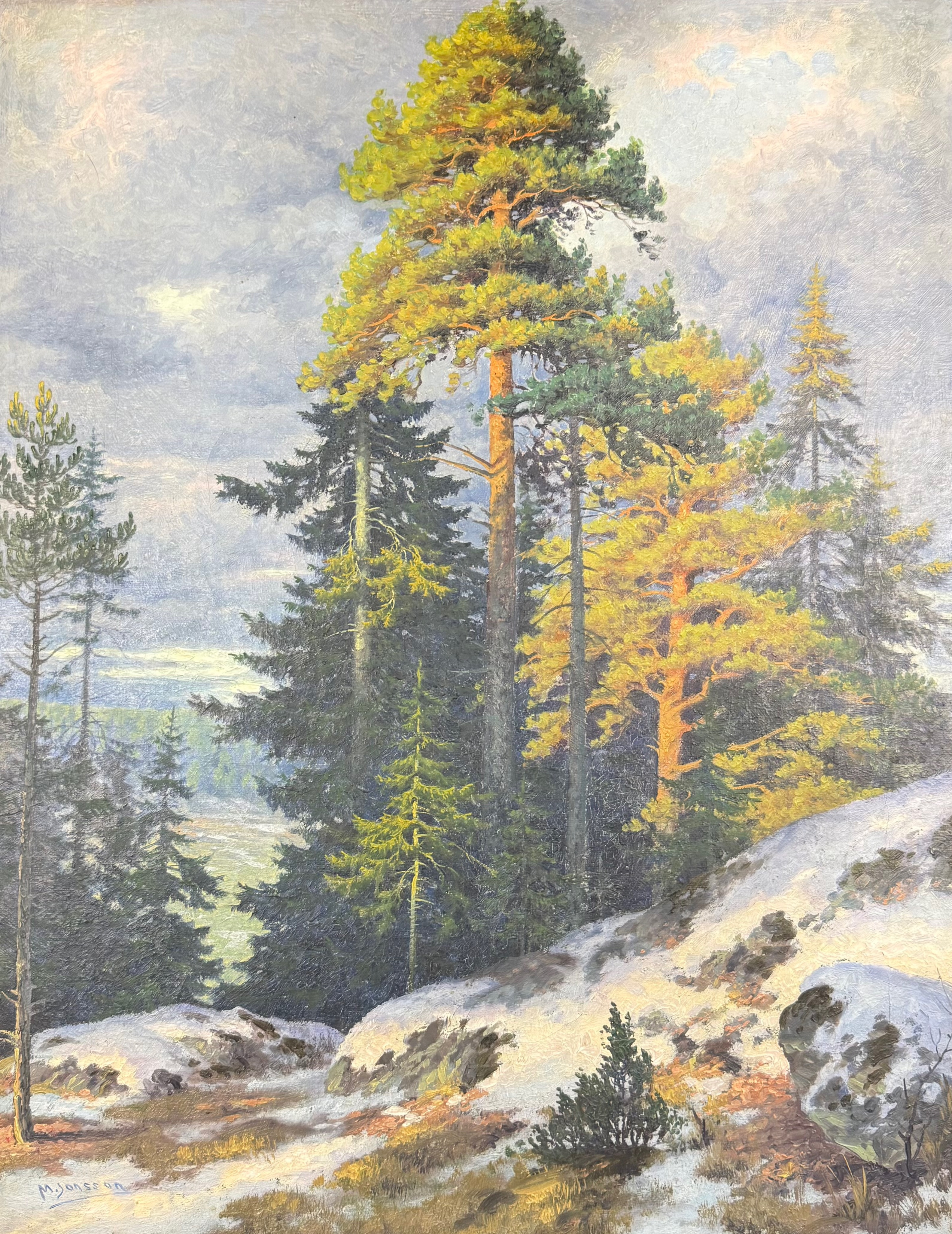 OIDENTIFIERAD KONSTNÄR. OLJEMÅLNING - Skogsmotiv på duk, signerad M Johnsson.