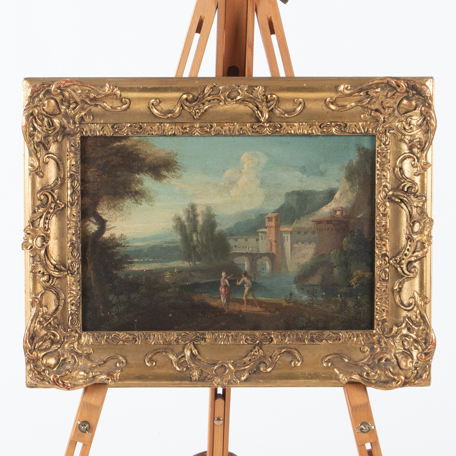 OKÄND KONSTNÄR. Olja på duk, sydlänsk skola, romantiskt landskap med figurscen. 17/1800-tal.