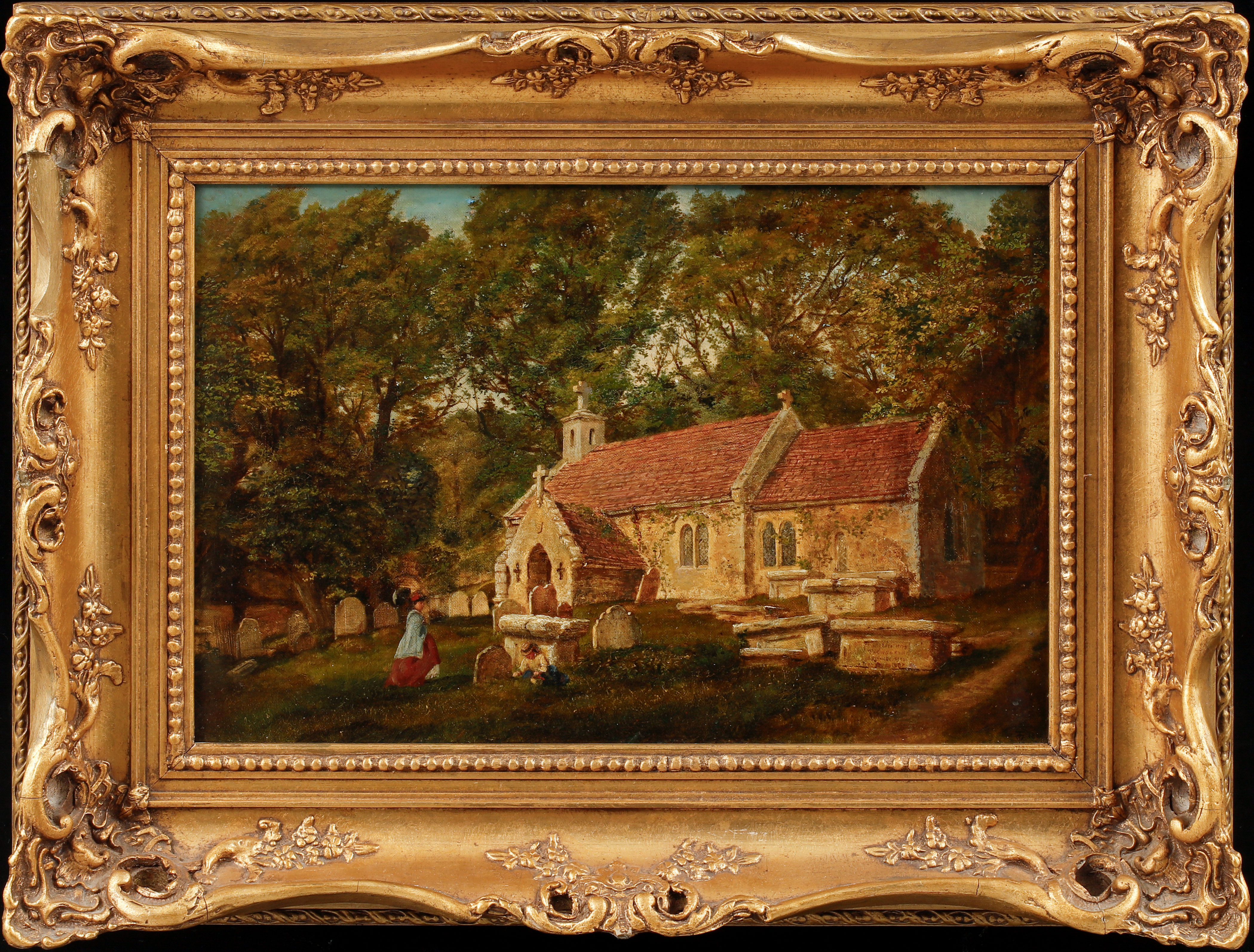 OIDENTIFIERAD KONSTNÄR. Kyrkogård med figurer, olja på duk, signerad. England 1800-tal.