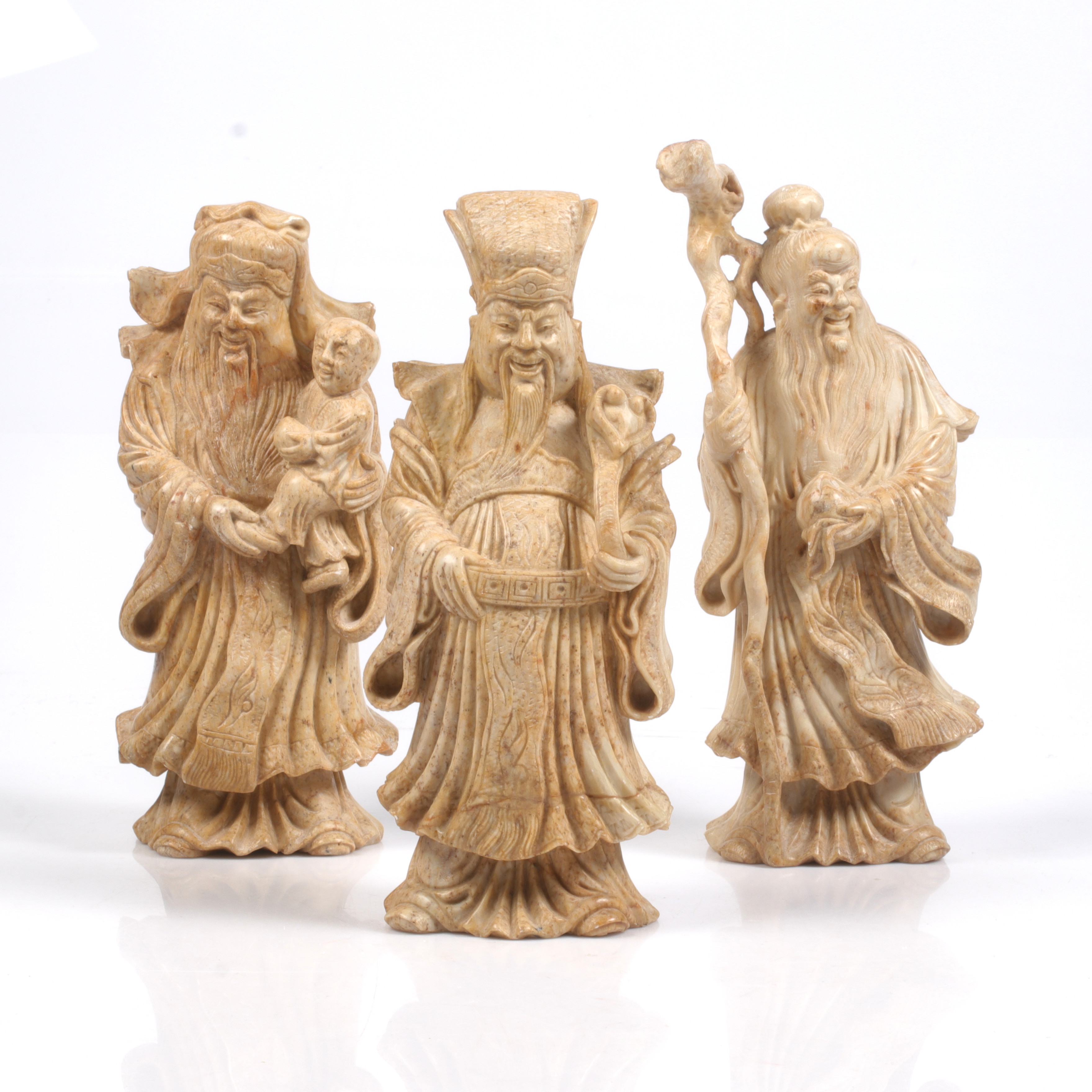 FIGURINER, 3 st, De tre gudarna Sanxing: Fu, Lu och Shou, Täljsten, Kina.