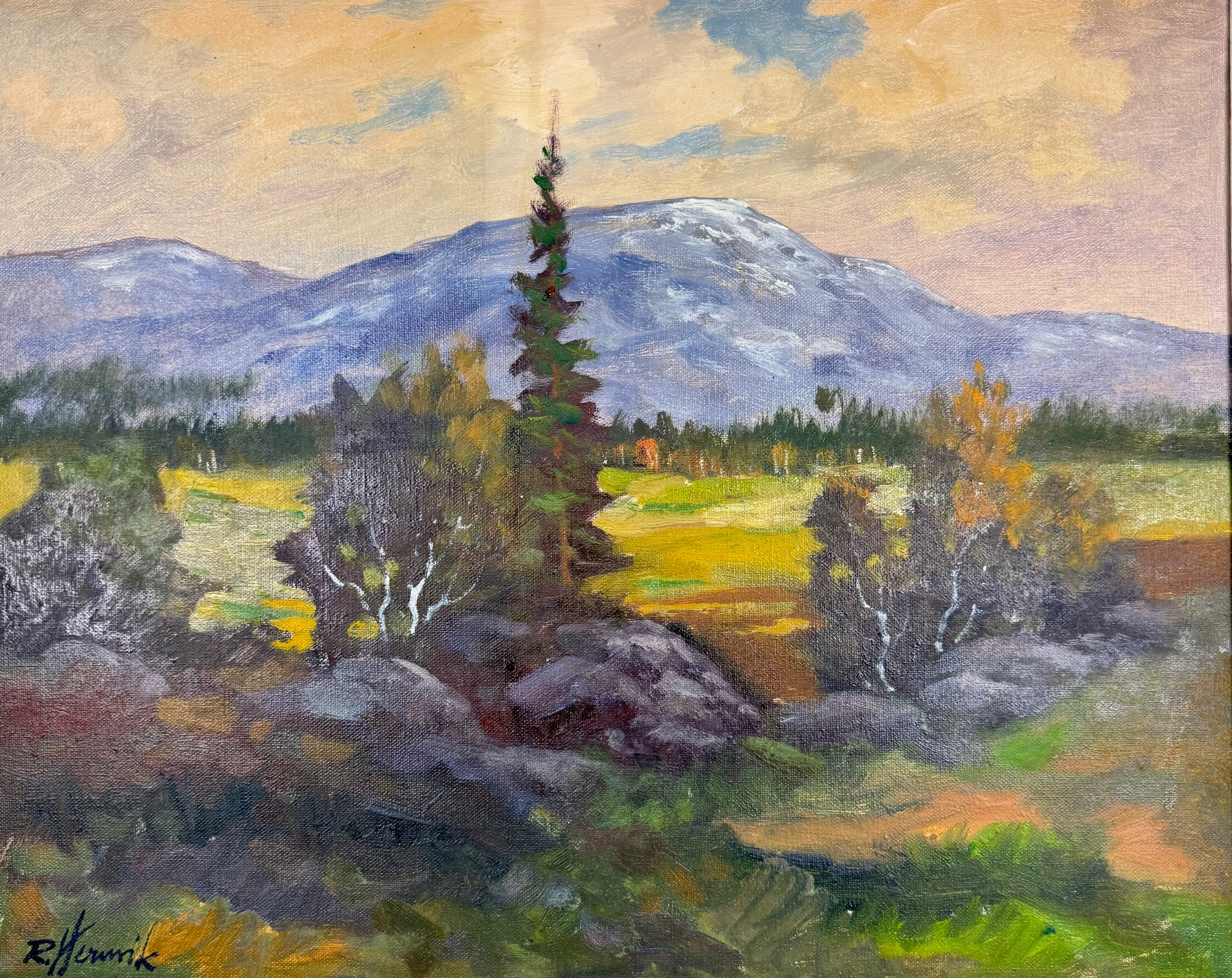 OIDENTIFIERAD KONSTNÄR. Olja på duk, myr vid fjället, signerad R Hemrik.