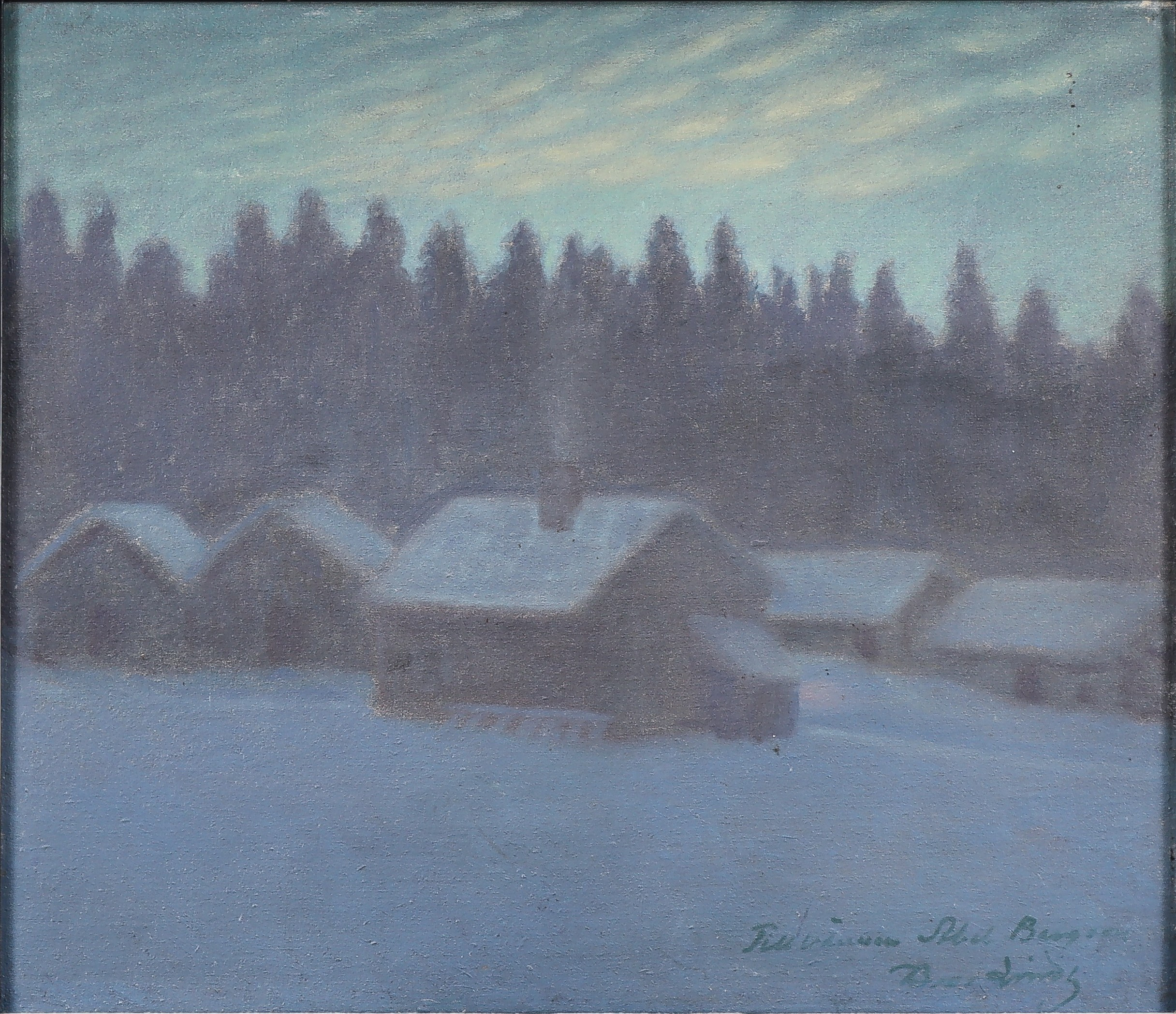 BROR LINDH (1877-1941). Vinterlandskap med stugor.
