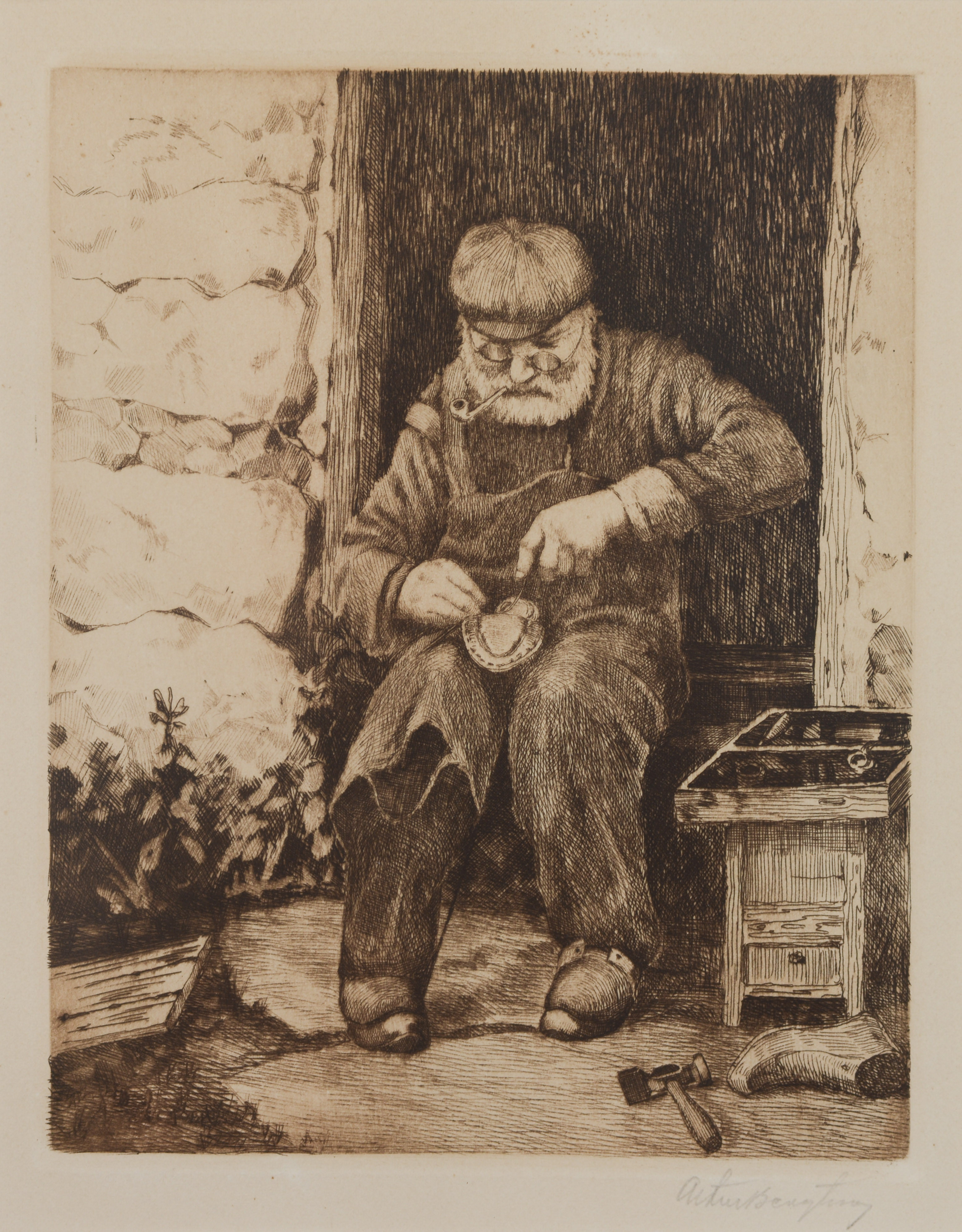 ARTUR BENGTSSON. Skomakare, kopparstick, signerad.