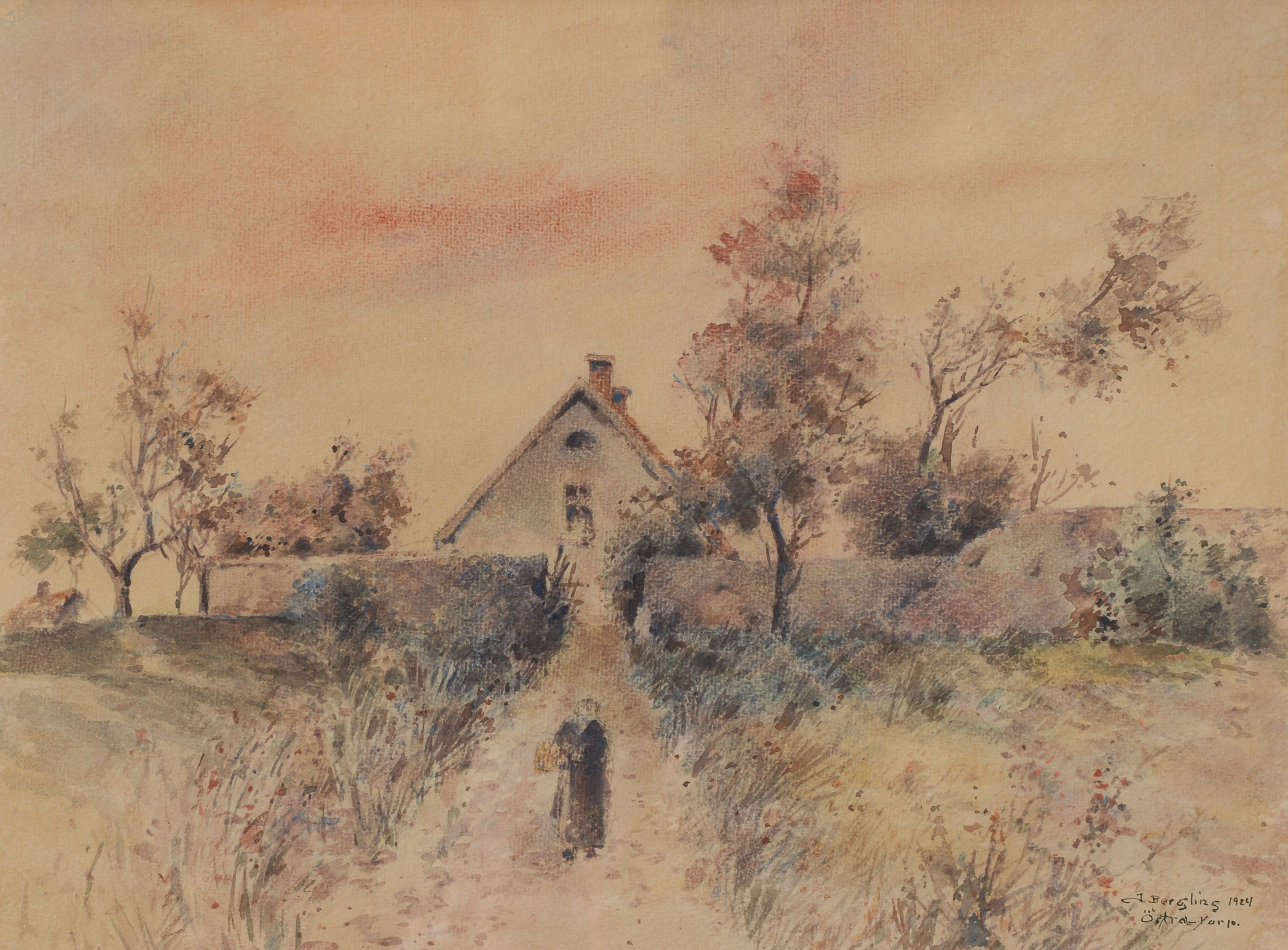 JOHN BERGLING. Kvinna i lantlig miljö, akvarell, signerad, daterad 1924.