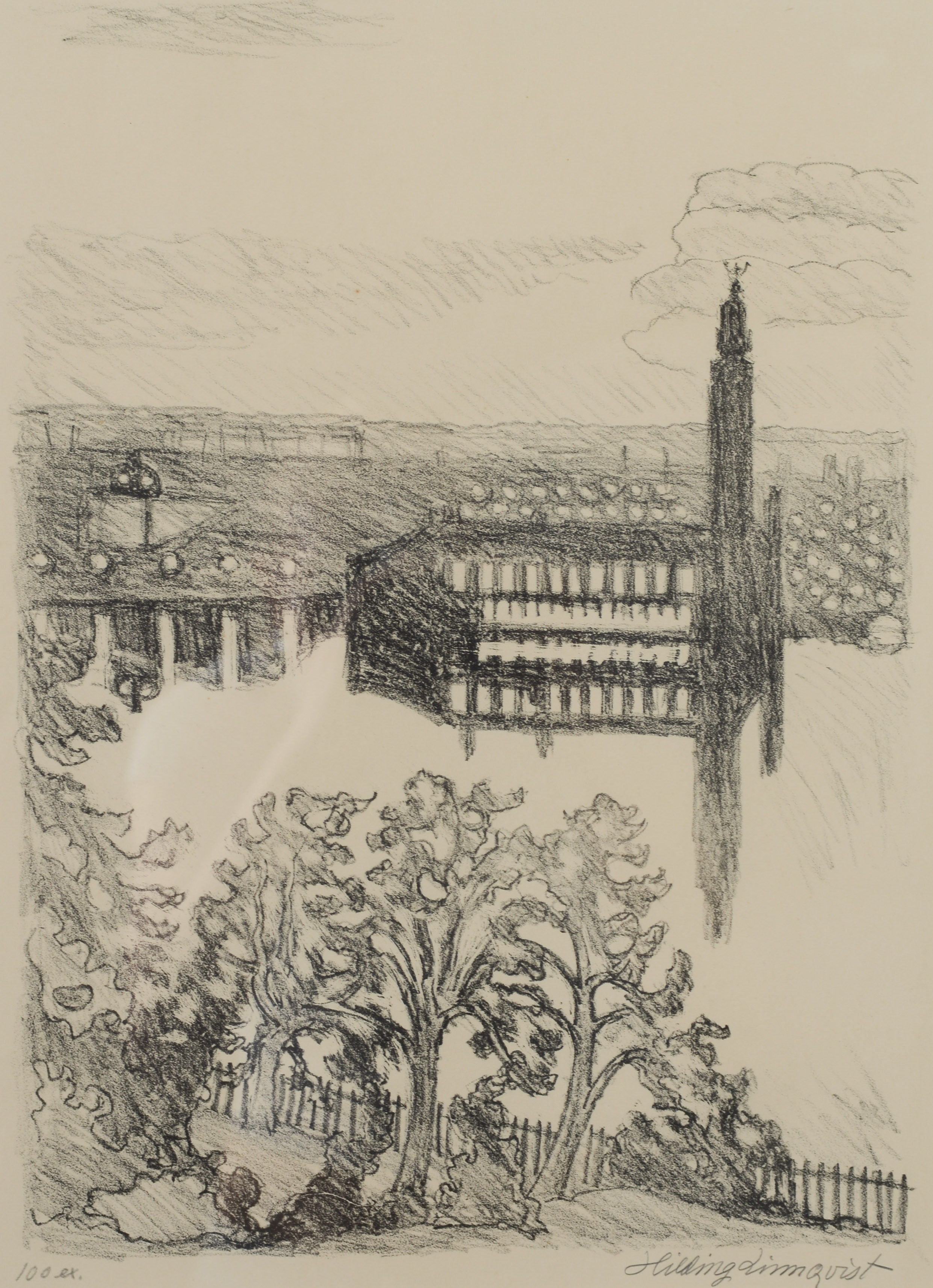 HILDING LINNQVIST. "Sommarnatt, Stockholm", litografi, signerad, upplaga 100 ex.