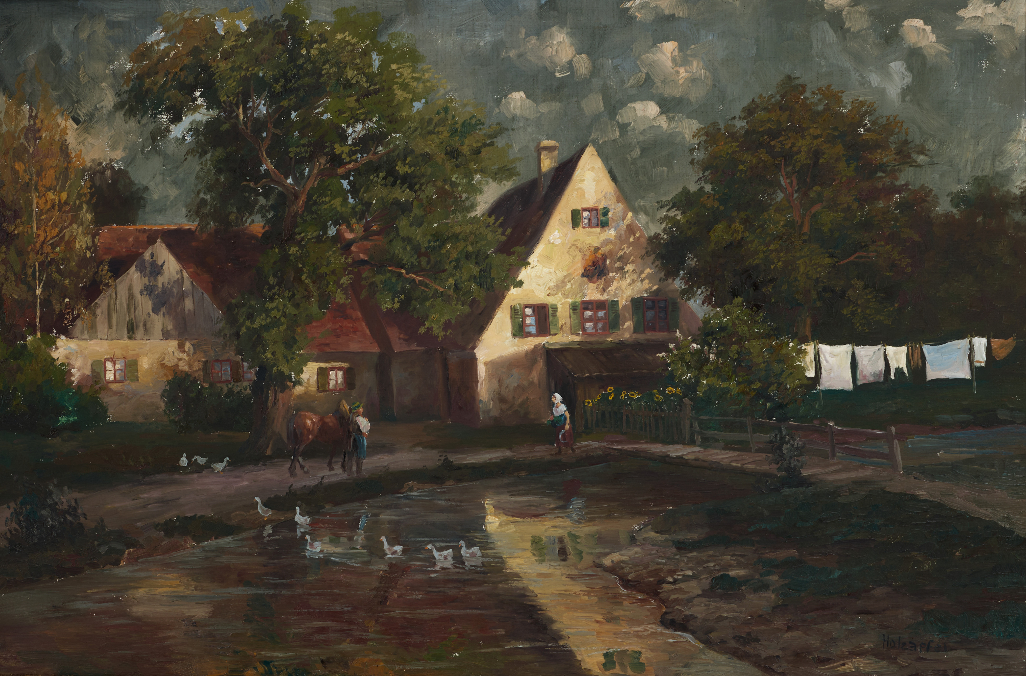 HANS HOLZAPFEL. Idylliskt lantliv, signerad, olja på duk, signerad.