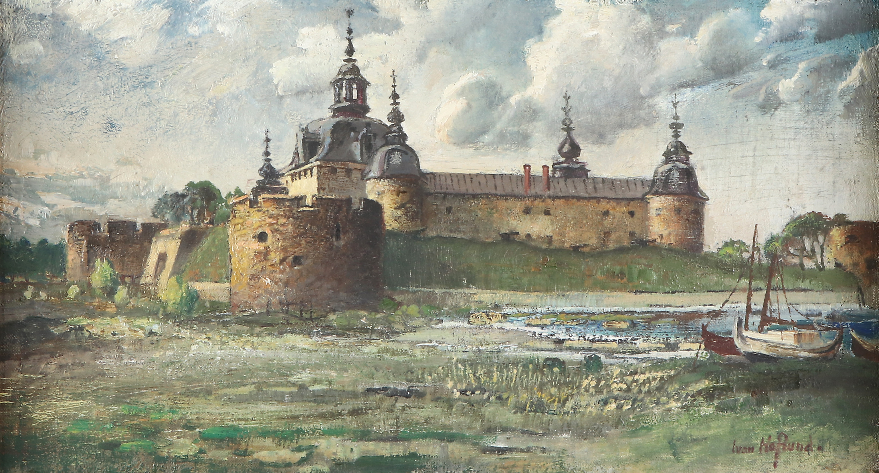 IVAN HOFLUND. Oljemålning på pannå. Signerad. Motiv av Kalmar Slott.