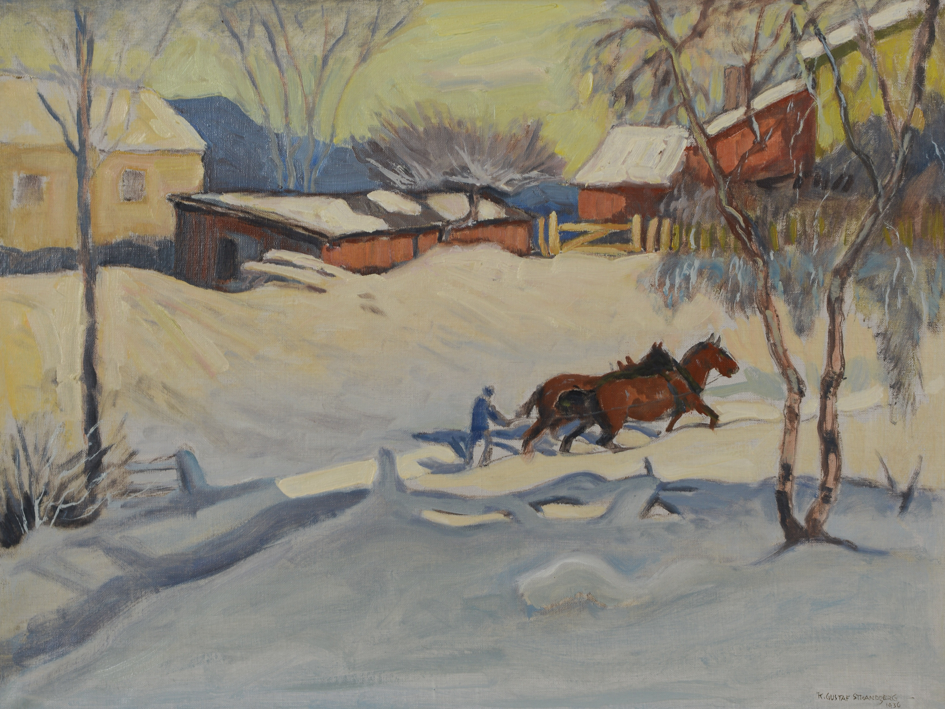 KARL GUSTAF STRANDBERG. Lantligt motiv under vinter, olja på duk, signerad, daterad 936.