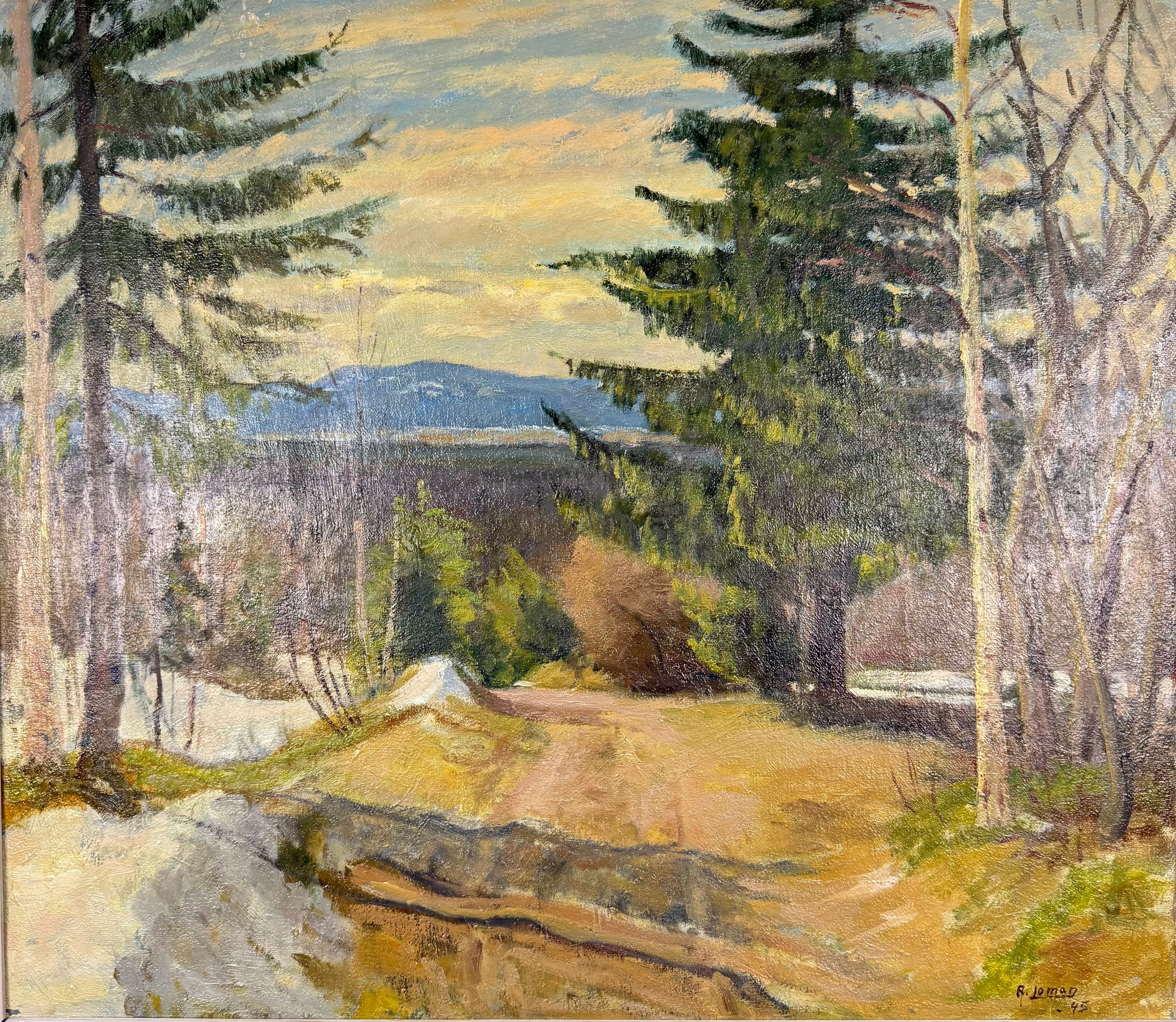 ANDERS LOMAN. OLJEMÅLNING på duk, vårsnö i skogen, signerad, daterad -45.