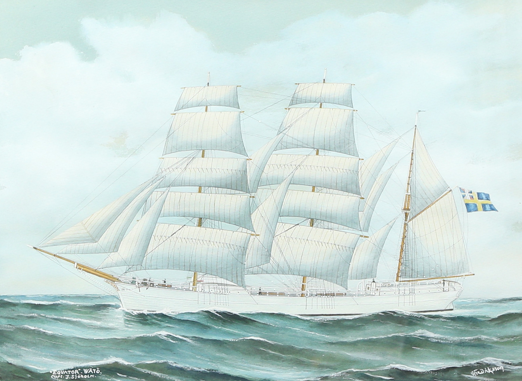 GUSTAF FREDRIKSSON (1901-1982). Fartygsporträtt av "Eqvator"-Wätö, capt J.Sjöholm.