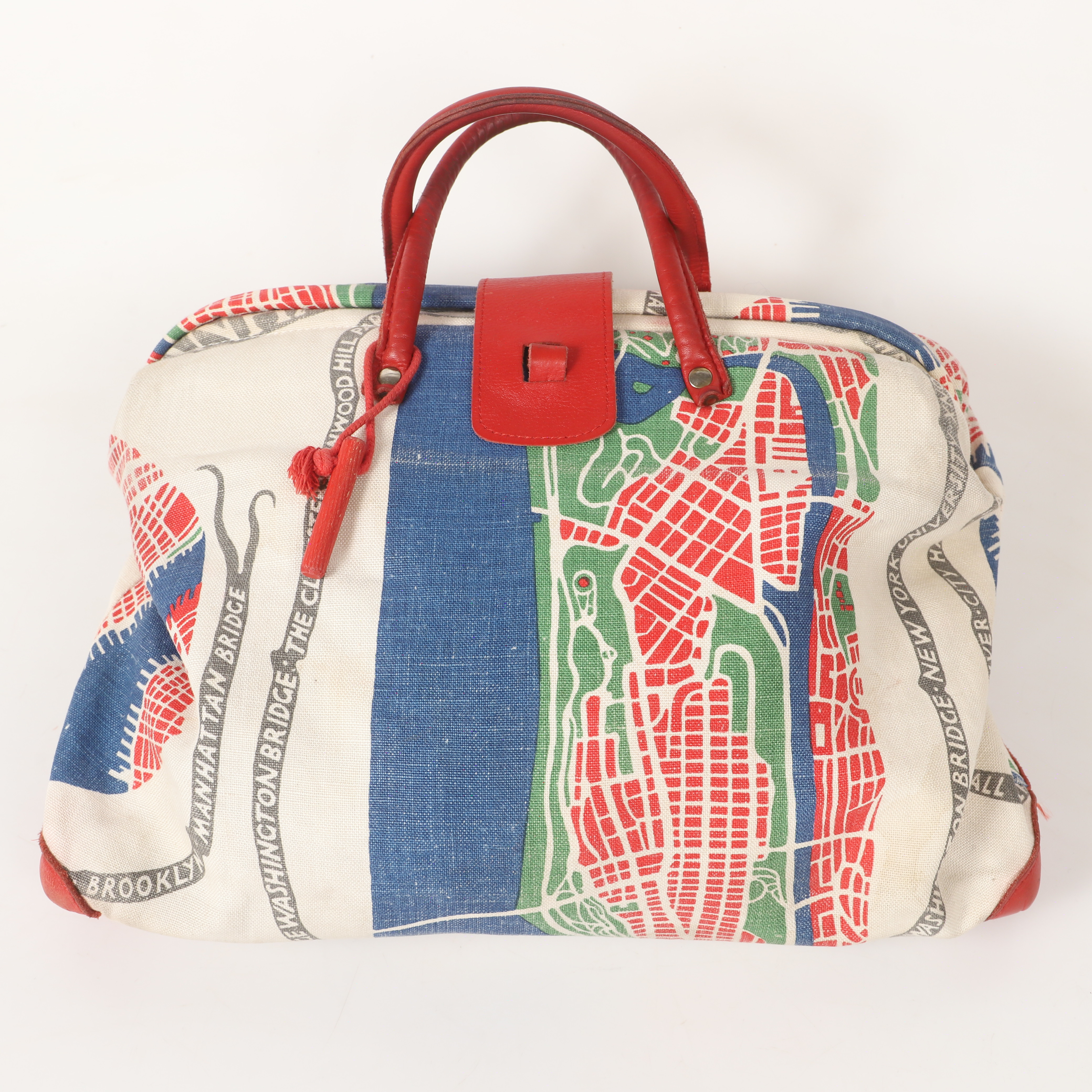 JOSEF FRANK. Handväska, "Manhattan", lin med skinndetaljer, Firma Svenskt Tenn, Stockholm.