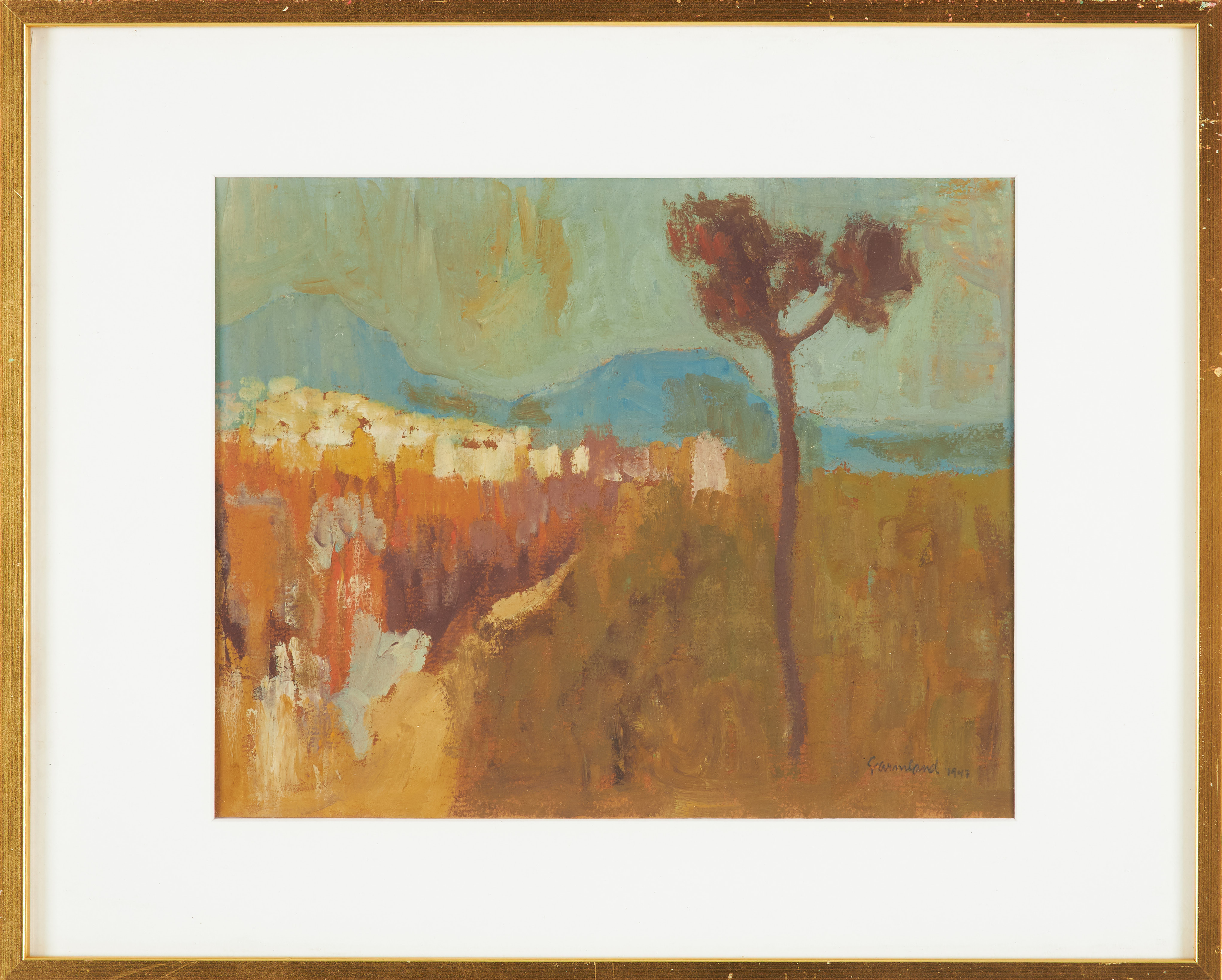 HARALD GARMLAND. Olja på papper, bymotiv, signerad, daterad 1947.