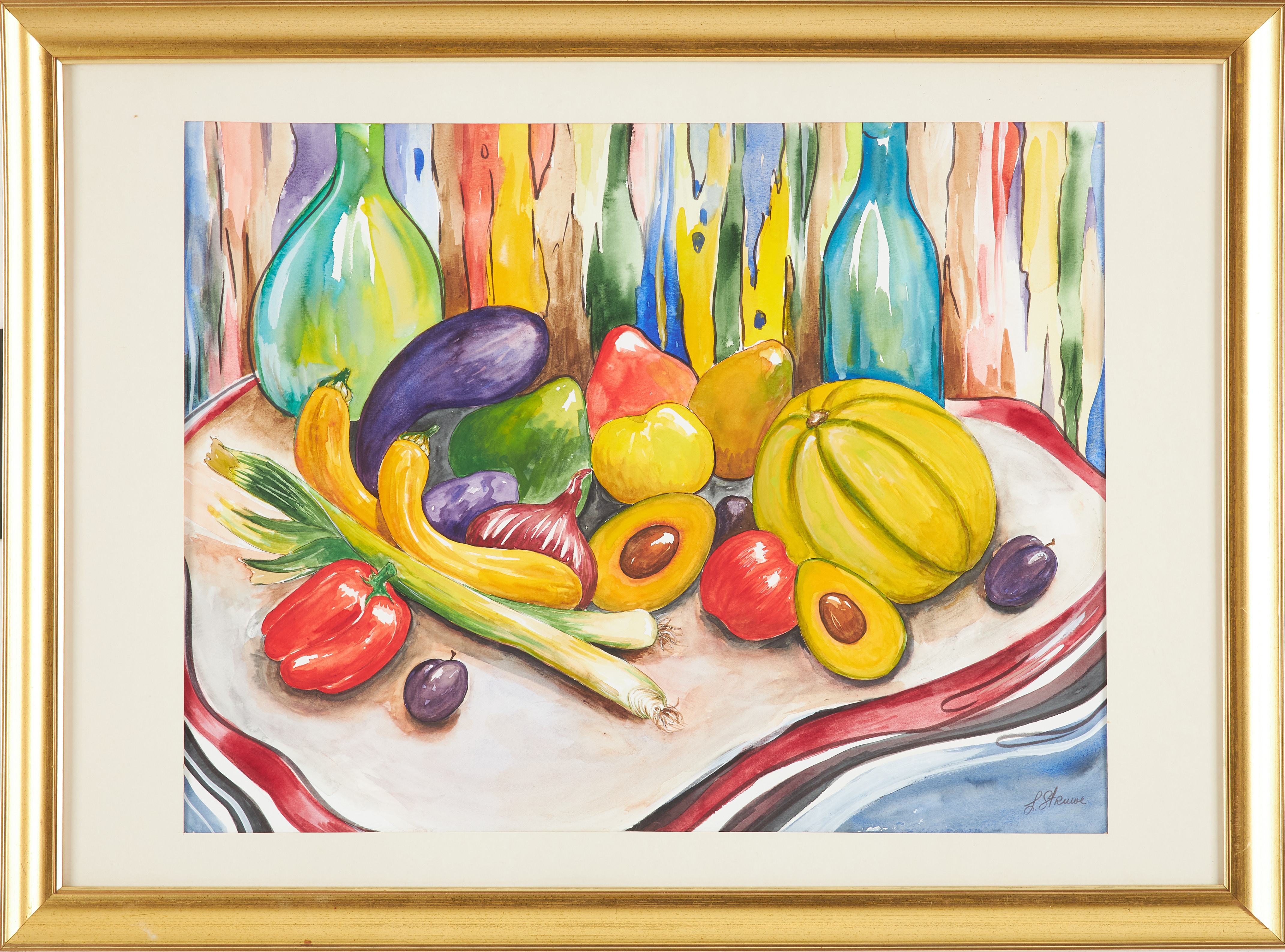 LENA STRUWE. Fruktstilleben, gouache, signerad.