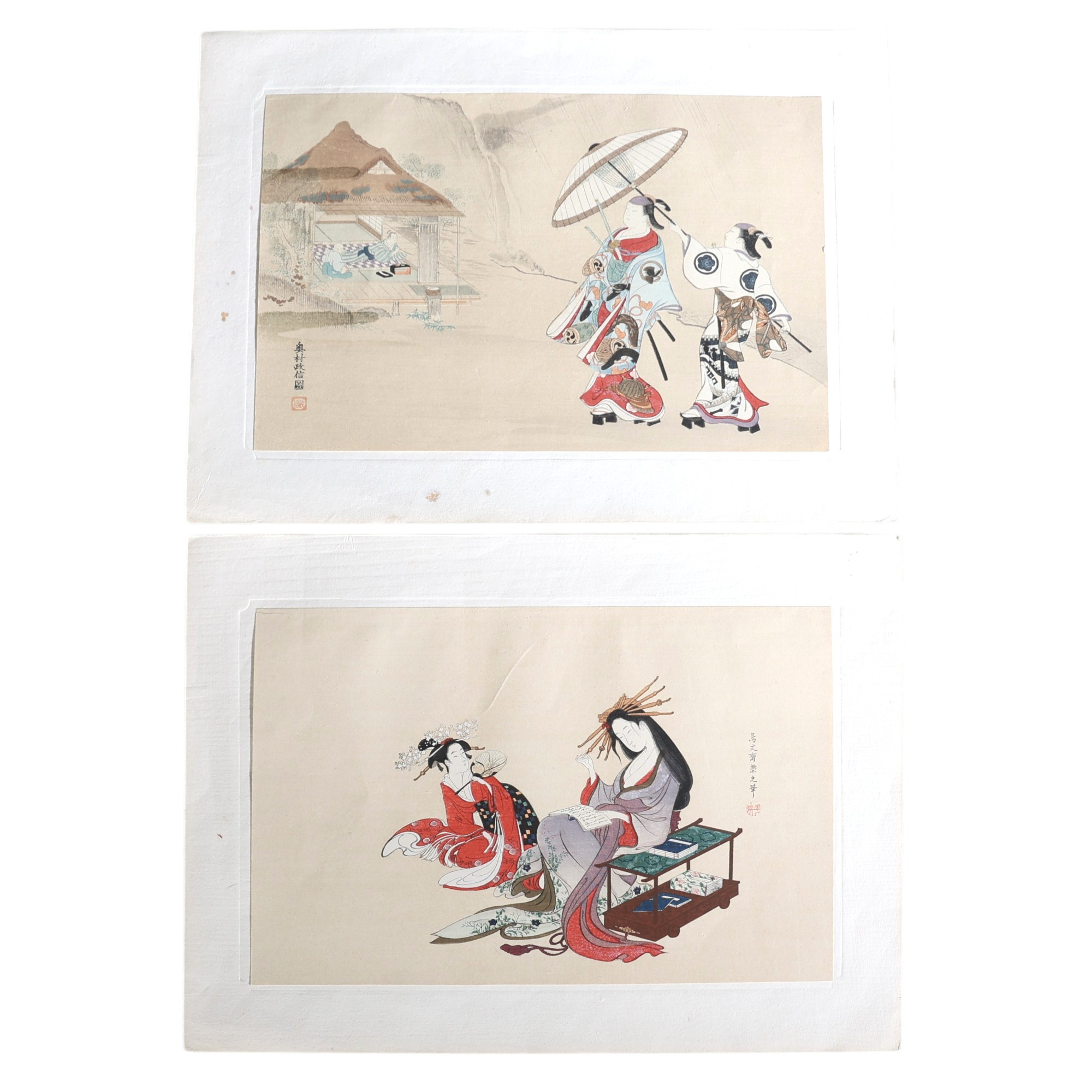 GRAFISKA BLAD, Ukiyo-e-tryck, 2 st, Okumura Masanobu-stil samt tryck efter Chōbunsai Eish, 1900-tal.