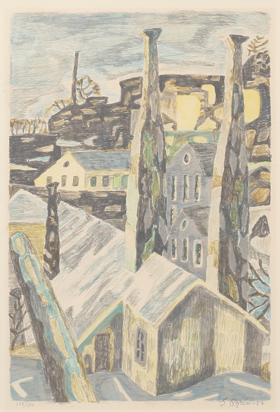 GÖSTA NYRÉN. Stadsvy, färglitografi, signerad, daterad -57, numrerad 126/500.