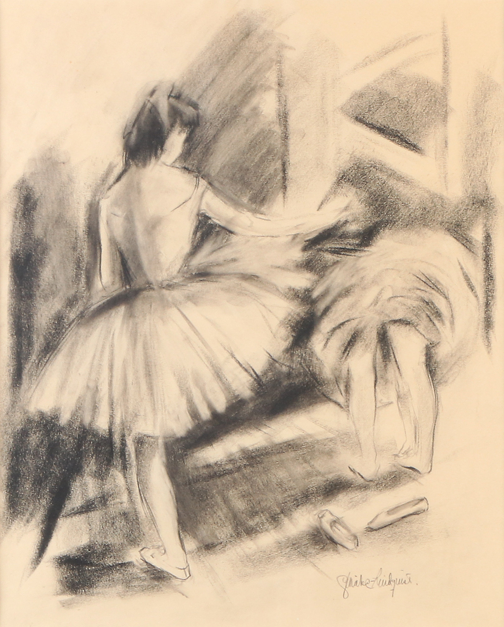 GERTRUD WRÅKE-LINDQUIST. Kolteckning. Ballerinor. Signerad.