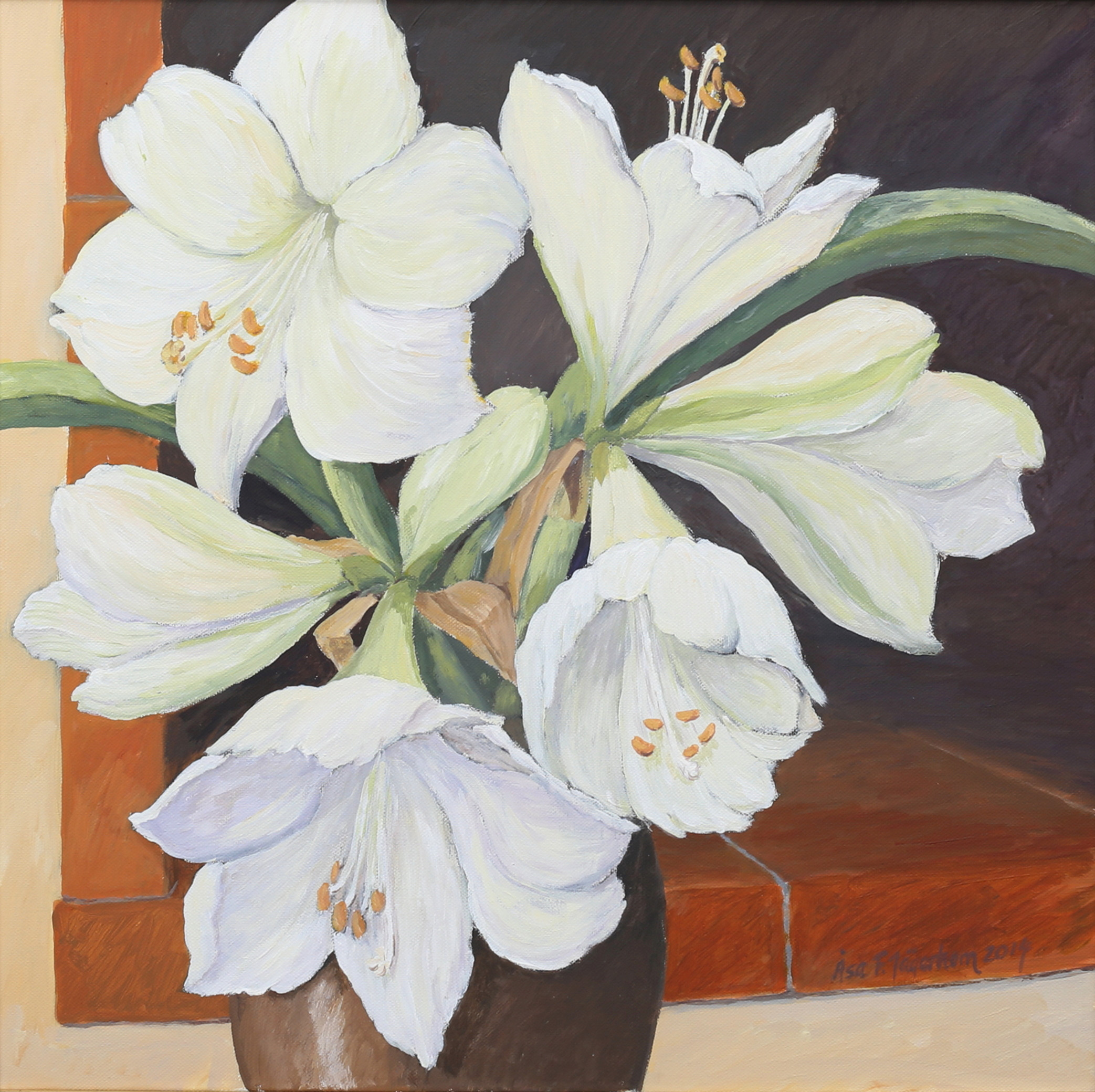 ÅSA FROSTERUD JÄGERHORN. Vita amaryllis, olja på duk, signerad, daterad 2014.