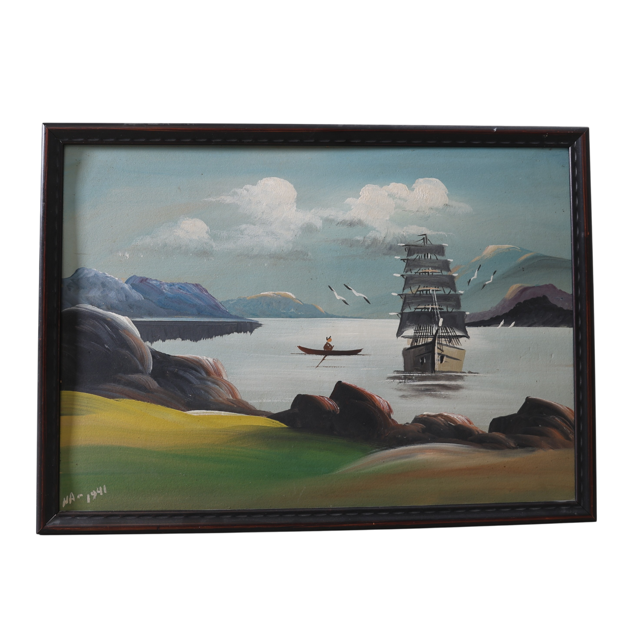 HERMAN ANDERSSON. Naivt sjölandskap, olja på papp, monogramsignerad och daterad 1941.