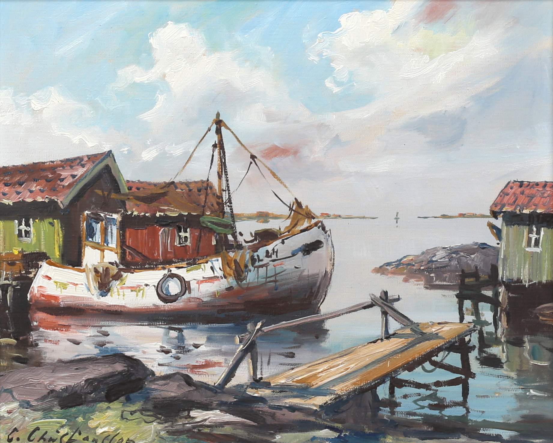 CARL CHRISTIANSSON. Fiskeläge, olja på duk, signerad.