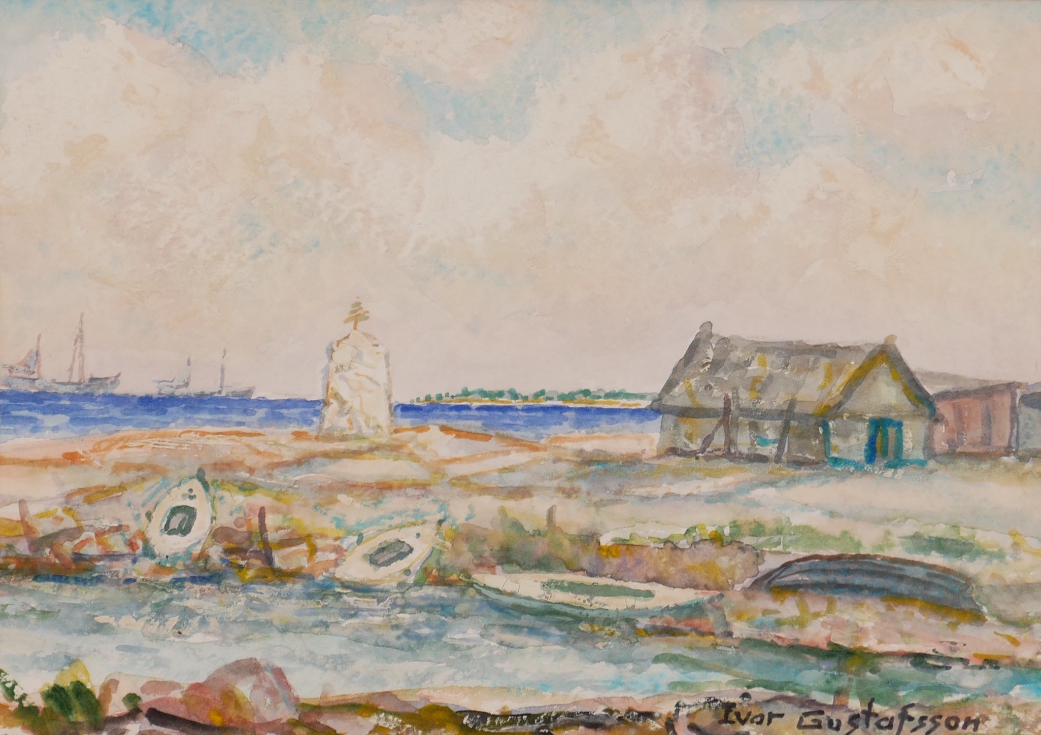 IVAR GUSTAFSSON. "Östra Länning - Ungskär", akvarell, signerad Ivar Gustafsson.