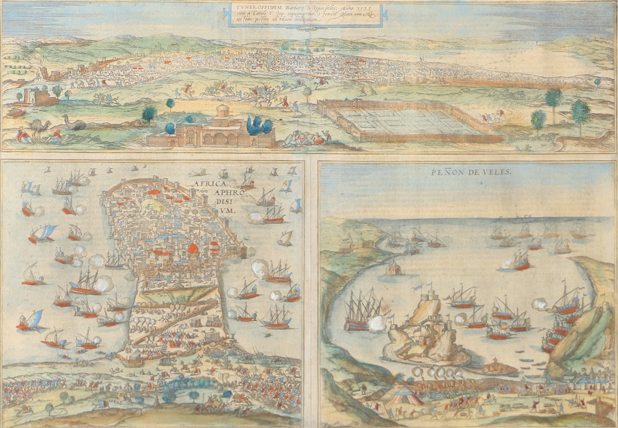 BRAUN - HOGENBERG. F. Tunes, oppidum barbarie Regia sedes, anno 1535. / Africa, Aphrodisium. / Penon de Veles. Köln, ca 1570-1600.