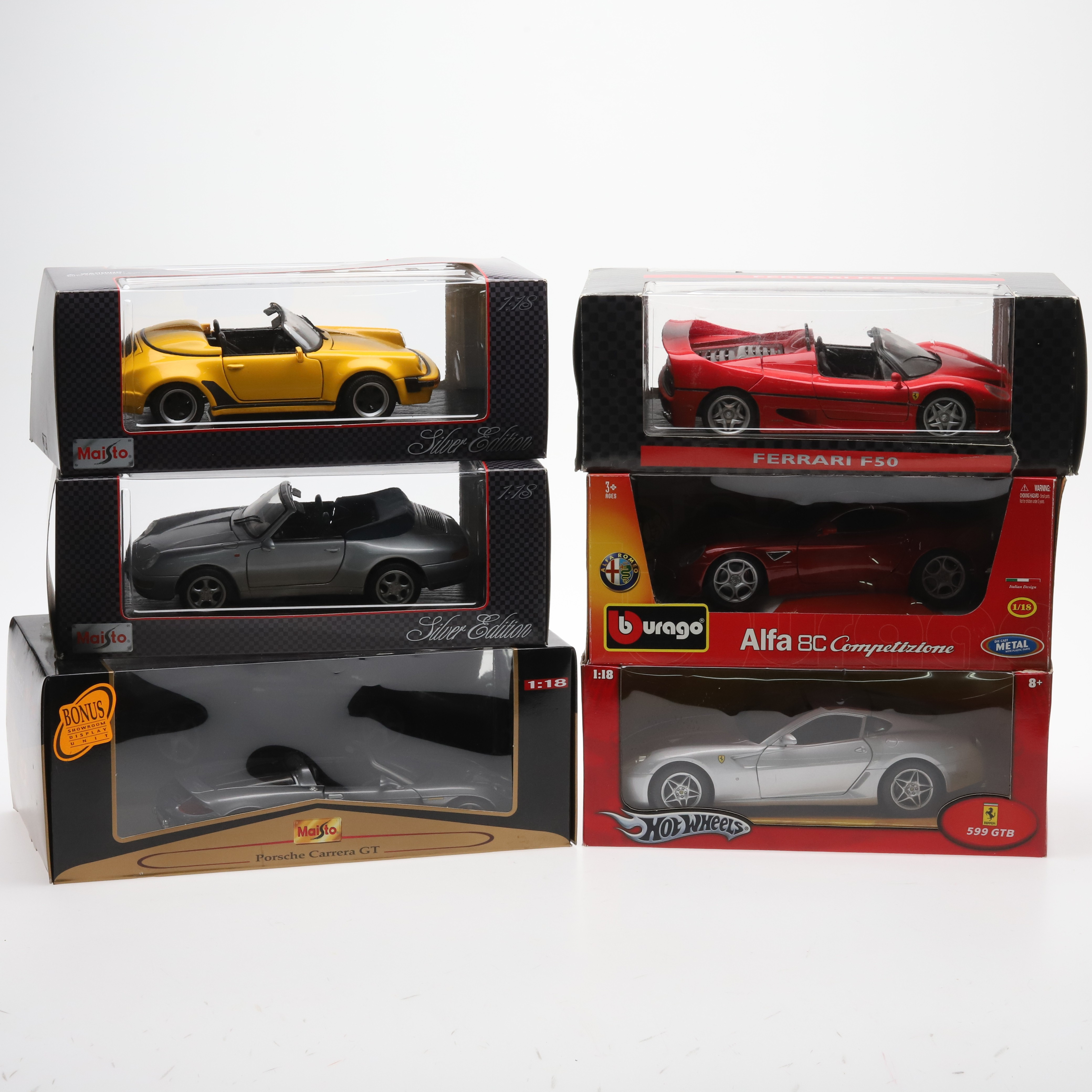 MODELLBILAR, 6 st, metall/resin, 1:18, Burago, Maisto, mfl.