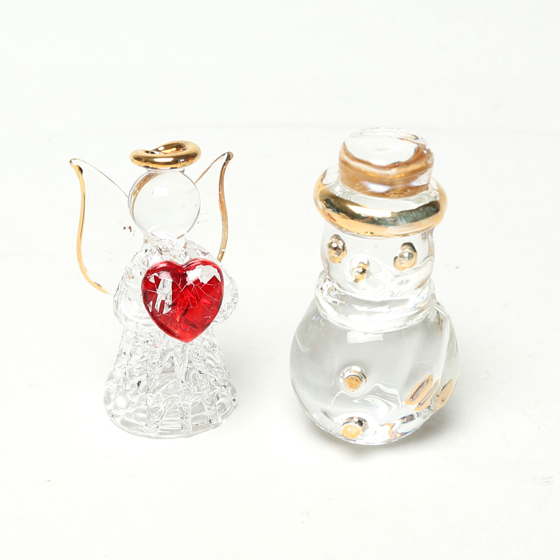MINIFIGURER, 2 st, glas, snögubbe och ängel, i askar.