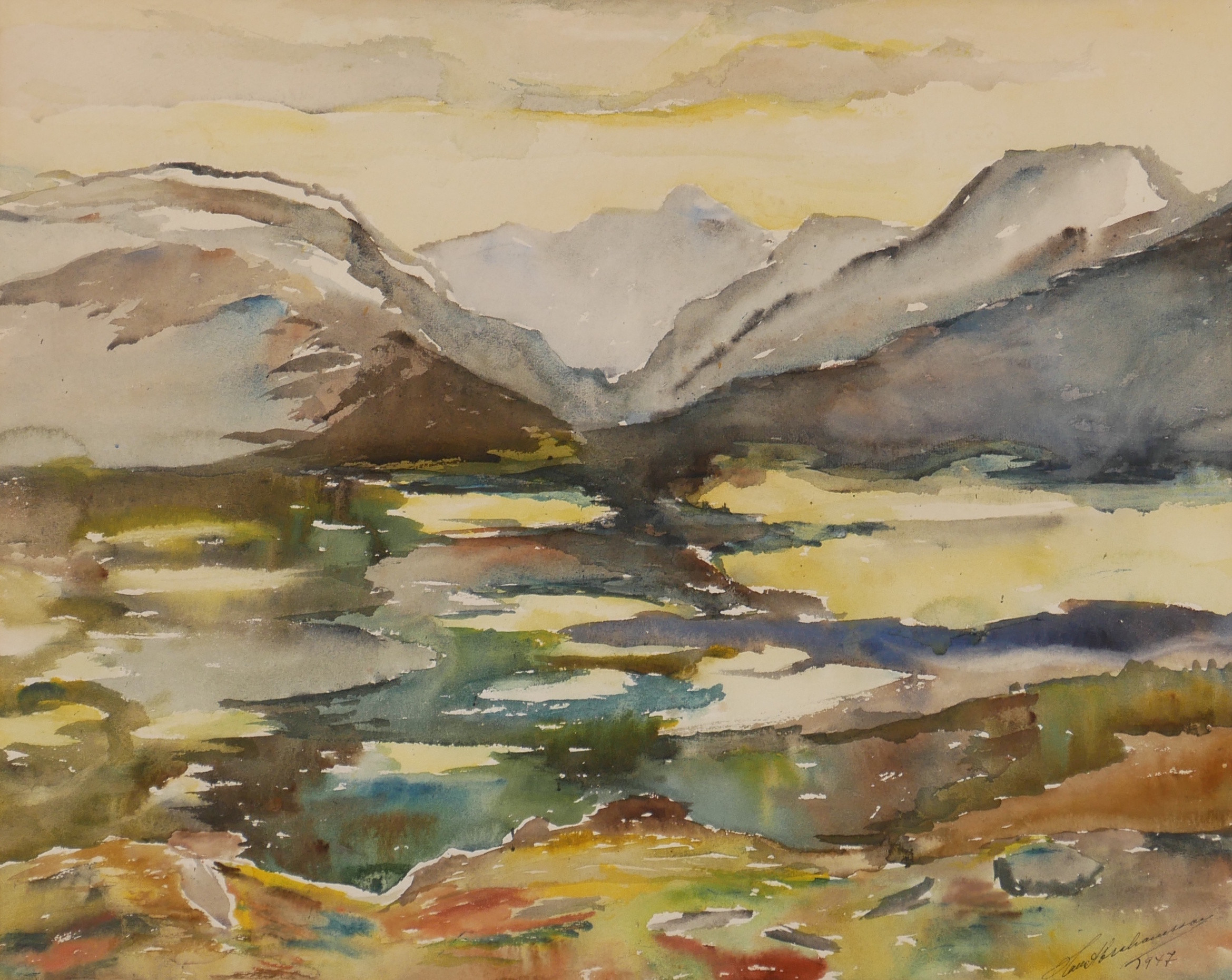 HANS ABRAHAMSSON. Fjällandskap, akvarell, signerad och daterad 1947.