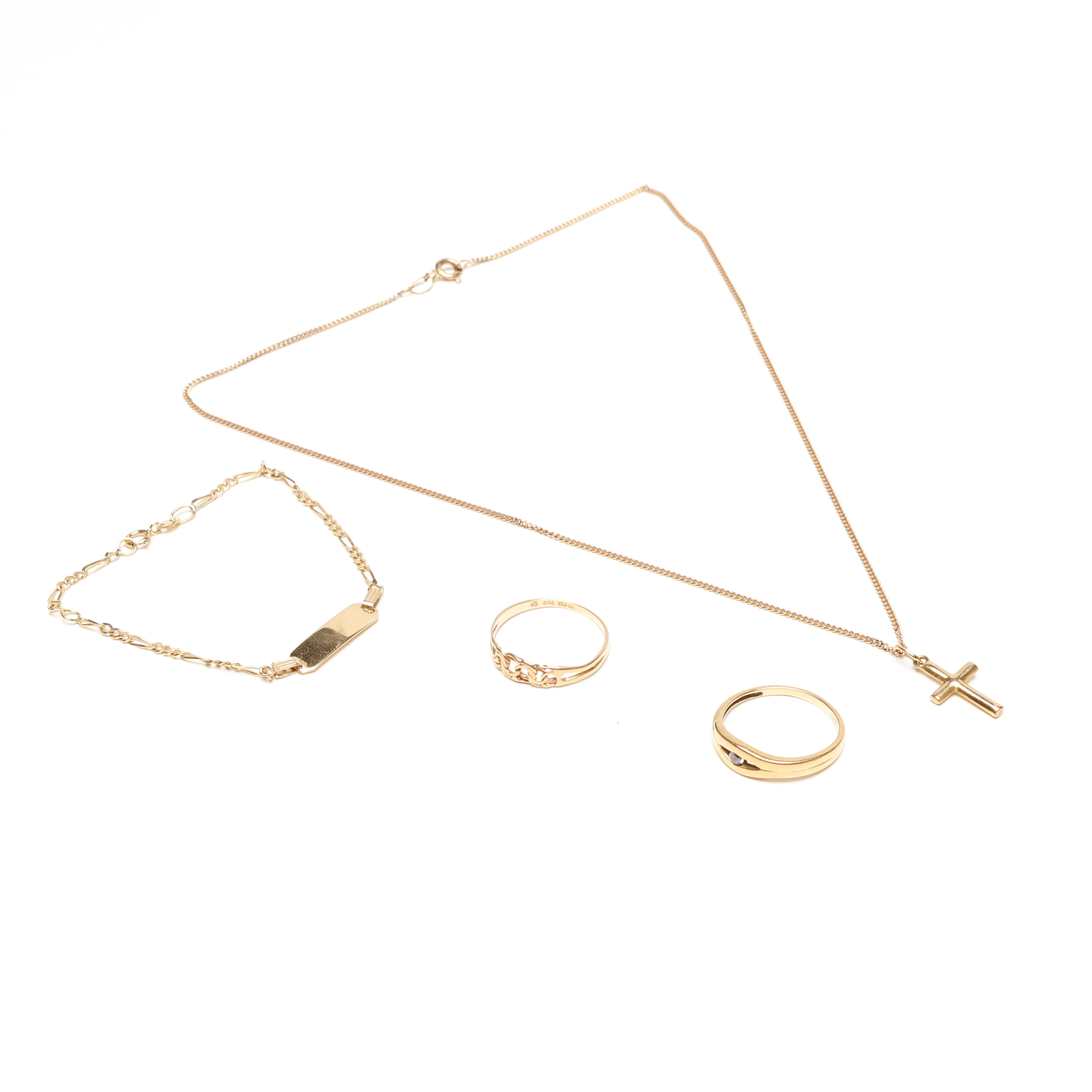 2 RINGAR, ARMBAND, HALSKEDJA med HÄNGE, 18K, Guld, vikt cirka 7 gram.