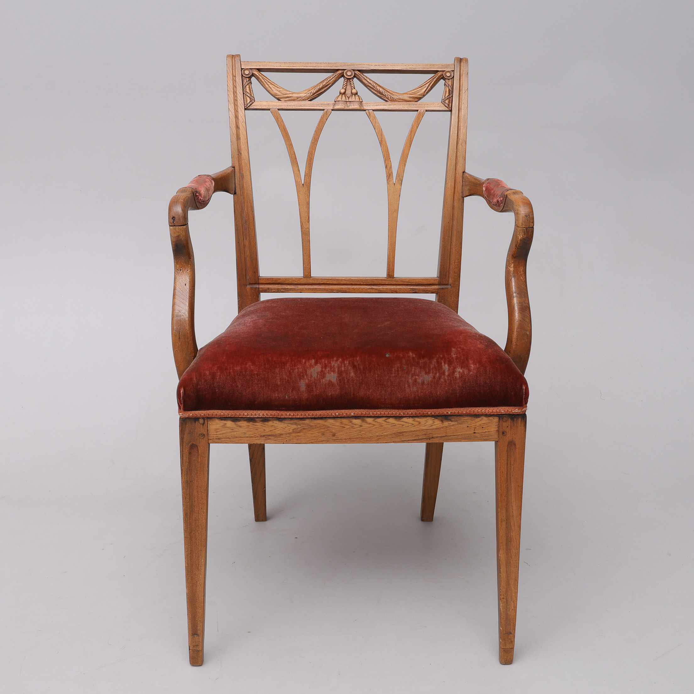 ARMLÄNSSTOL, REGENCY, England, ek med sammetsklädsel, 1800-t första hälft.