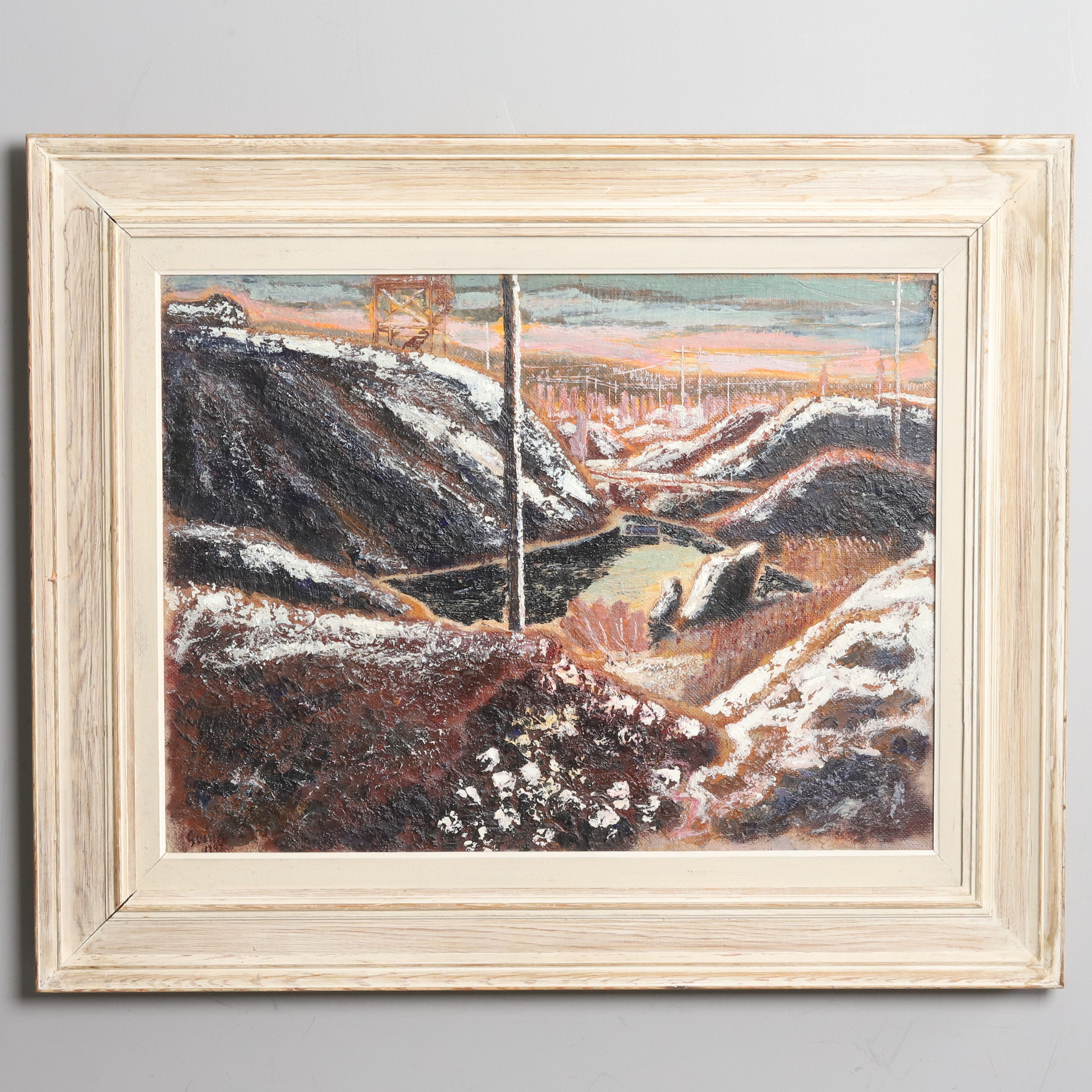 GUSTAV ALEXANDERSSON. Olja på pannå, "Slaggvarp med snö", signerad och daterad 1947.
