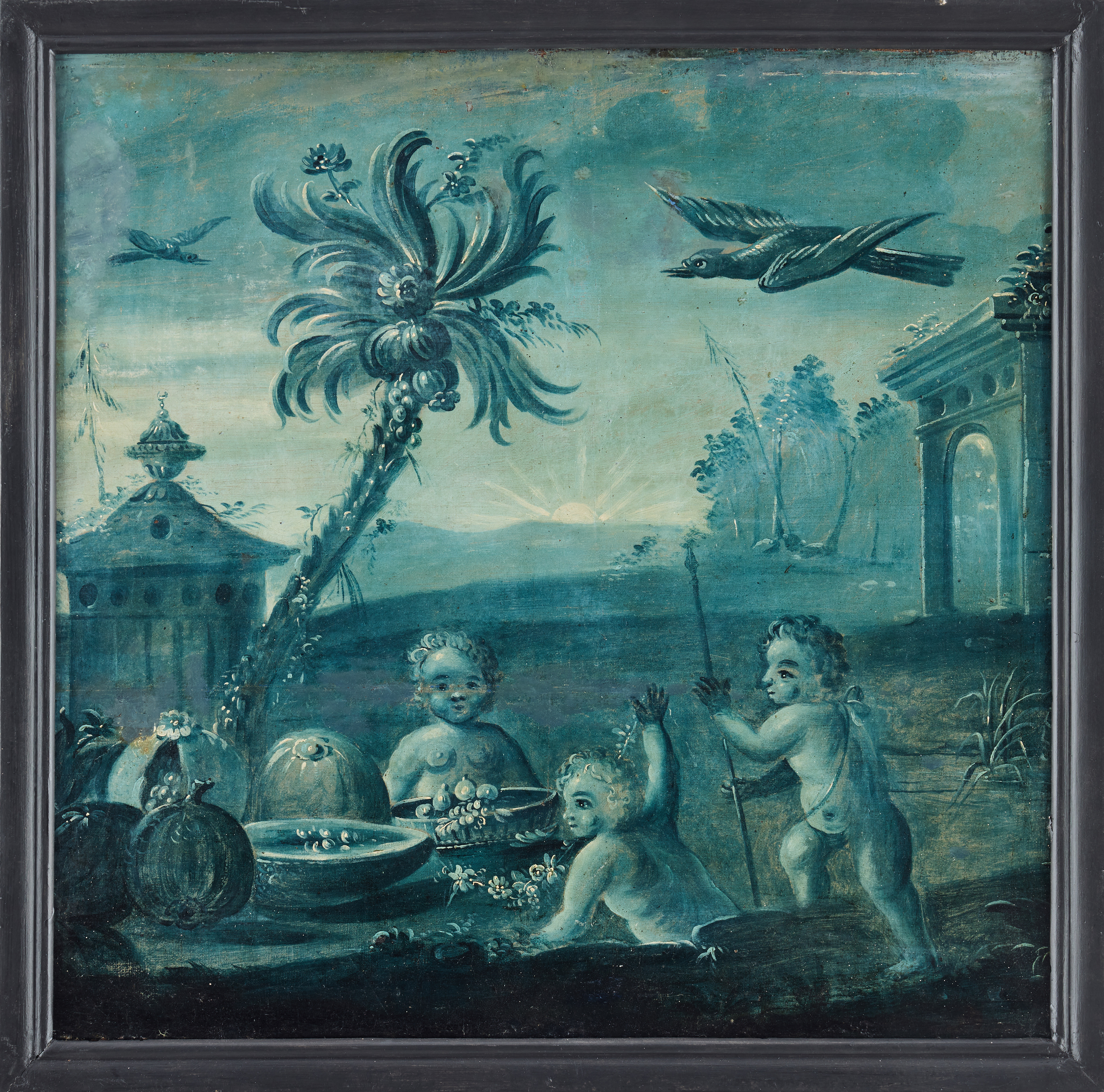 OKÄND KONSTNÄR, 1700-TAL. Landskap med putti vid ett palmträd och frukter.
