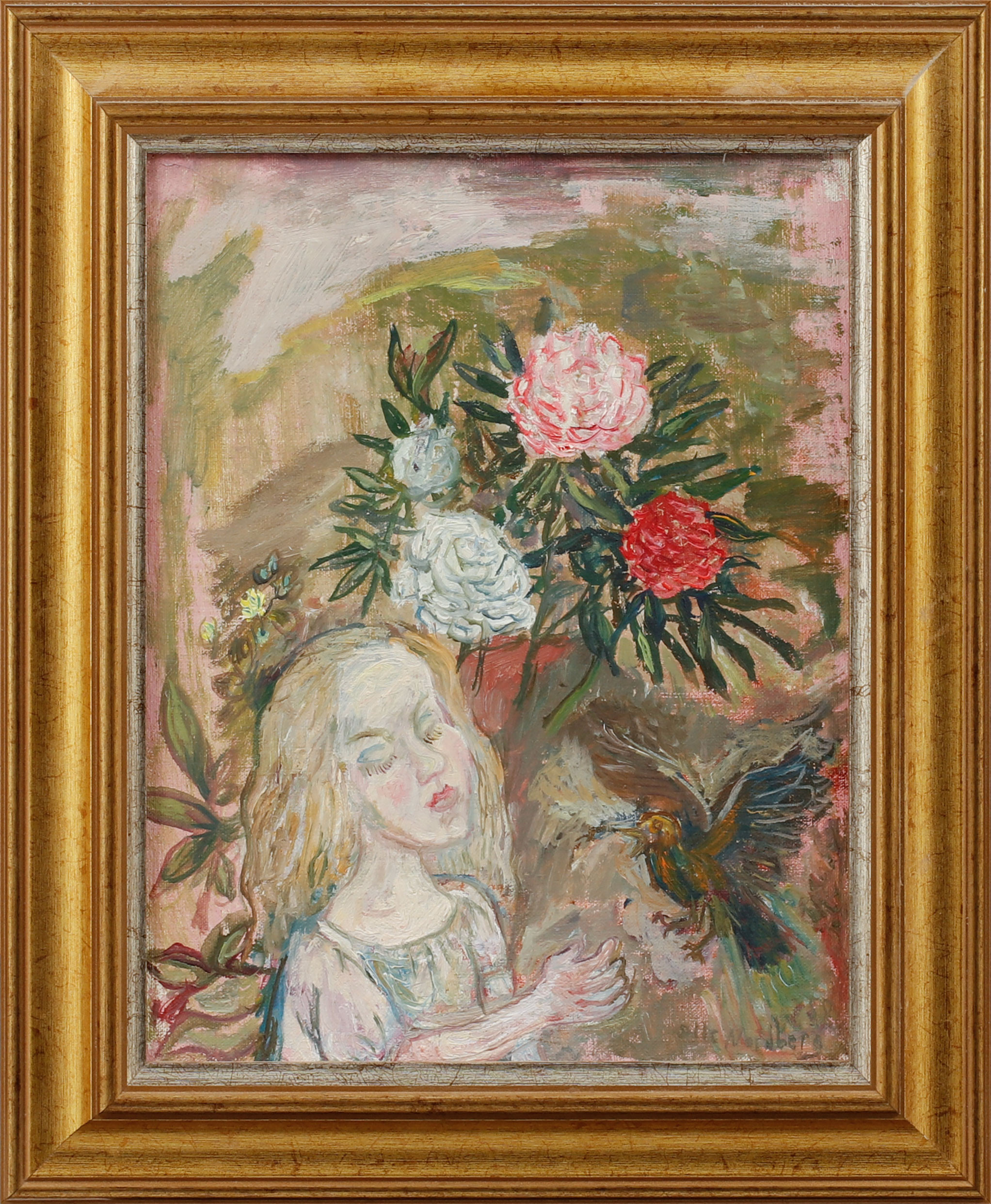 OLLE NORDBERG. Figur, fågel och blommor, olja på pannå, signerad.olja.