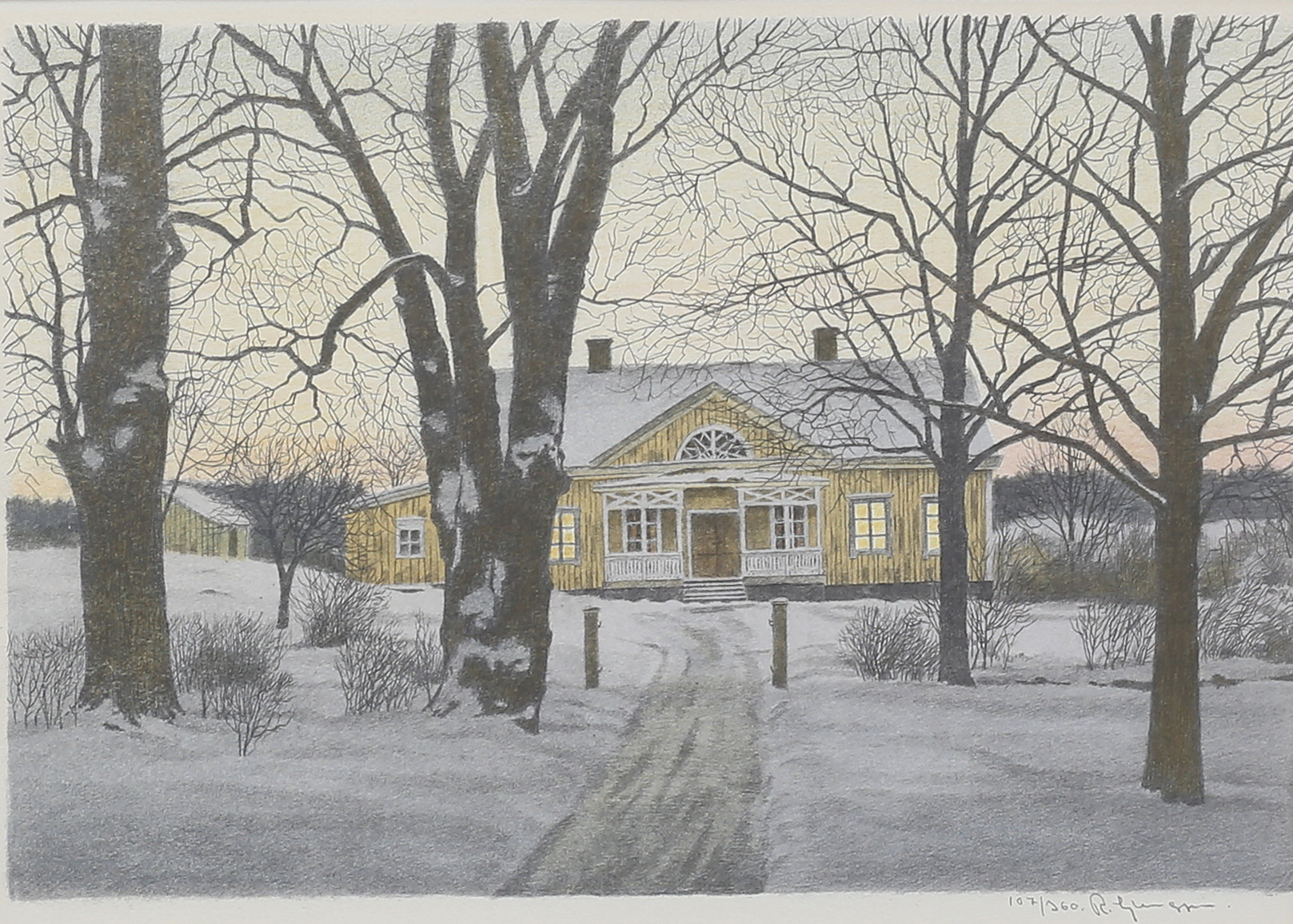 REINHOLD LJUNGGREN. Villa i vinterljus. Färglitografi, signerad och numrerad 107/360.