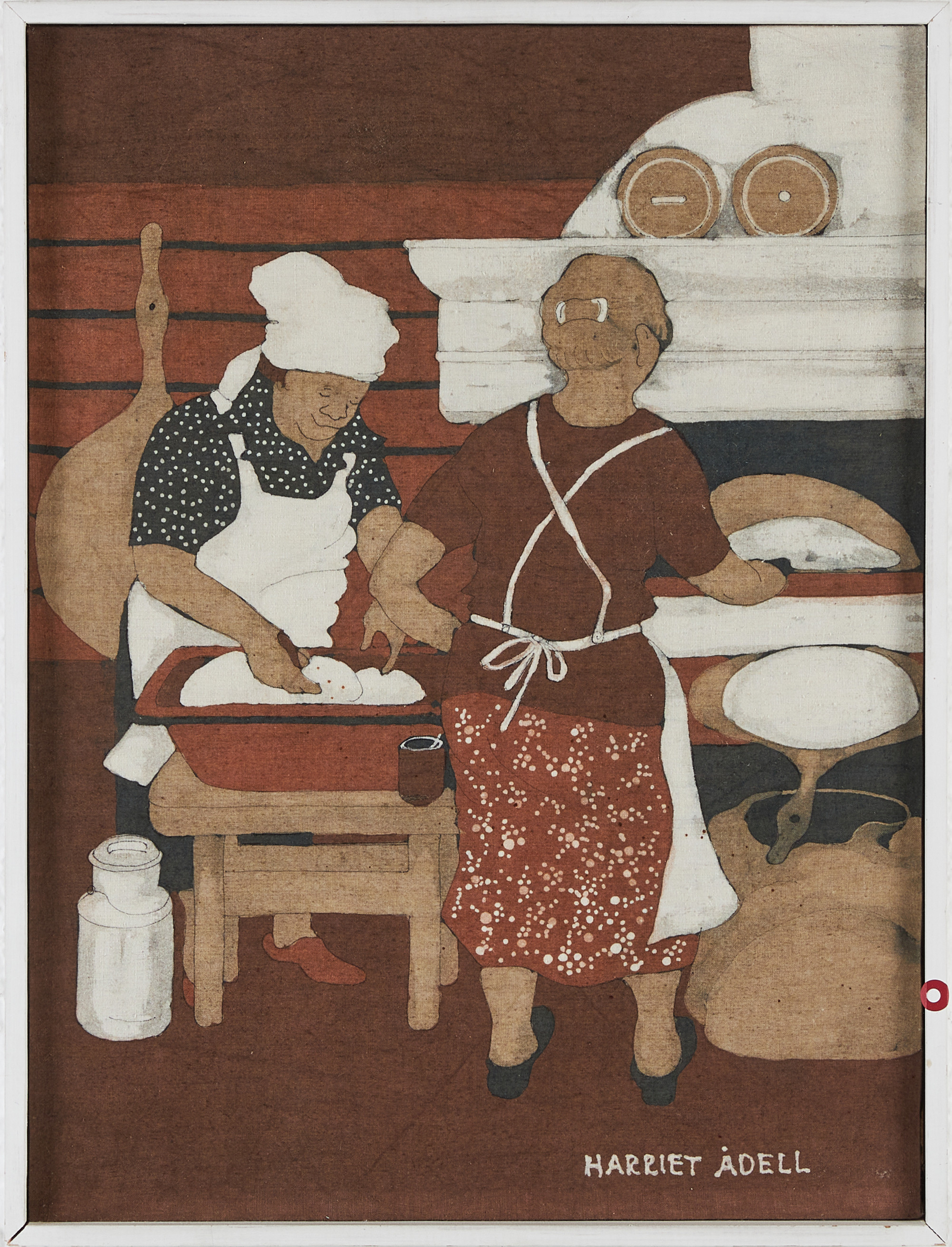 HARRIET ÅDELL. Bagarstugan, bemålad textil, signerad.